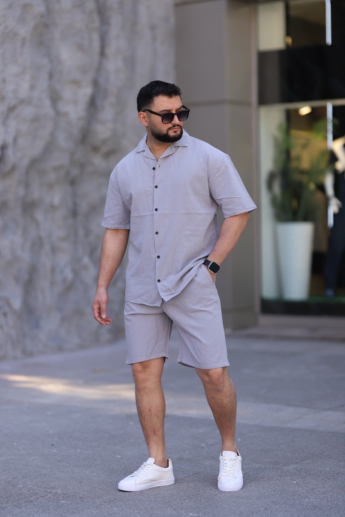 Gri Renk Gömlek Şort Erkek Keten Takım Oversize Kalıp
