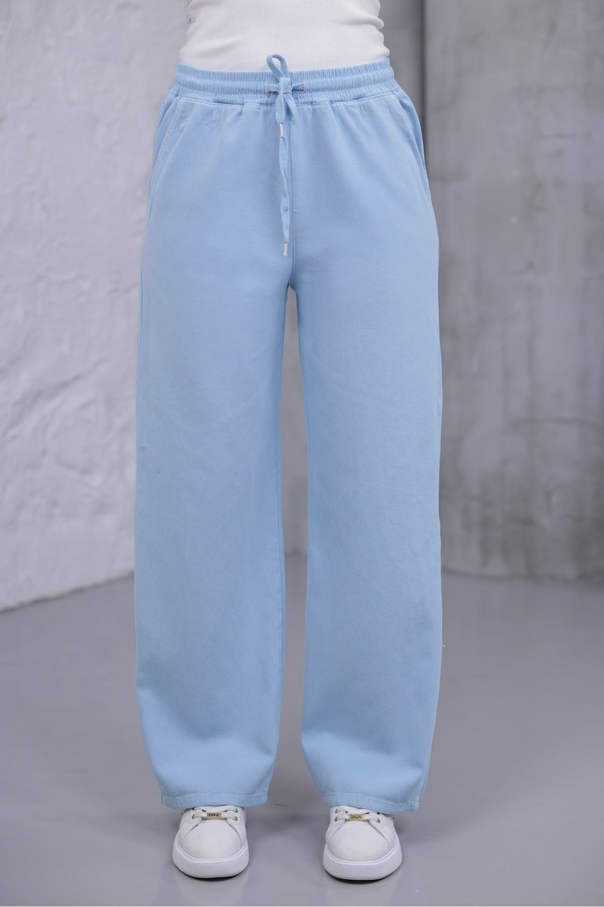 Kadın Mavi Baggy Keten Pantolon Lastikli Bel Bağcıklı Rahat Geniş Paça Yazlık Pantolon