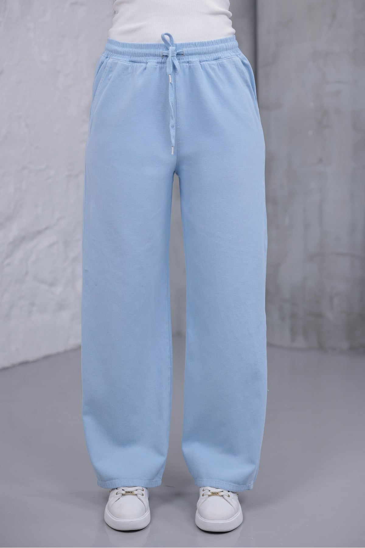 Kadın Mavi Baggy Keten Pantolon Lastikli Bel Bağcıklı Rahat Geniş Paça Yazlık Pantolon