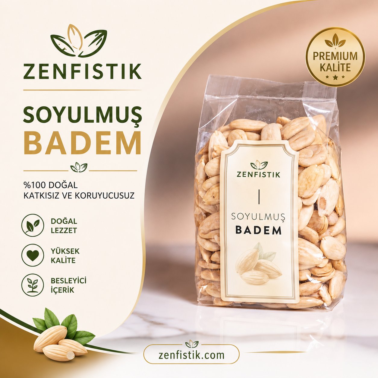 Zen Fıstık Soyulmuş Badem (Premium Kalite) 1000Gr