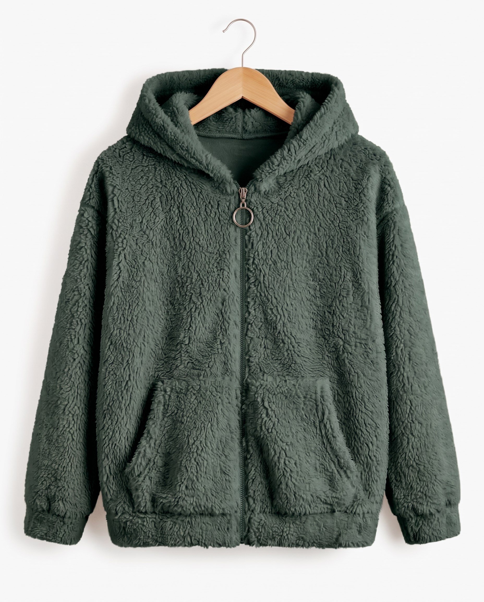 15602-1  Kapüşonlu Fermuarlı Unisex Peluş Hırka (3-7) HAKİ YEŞİLİ