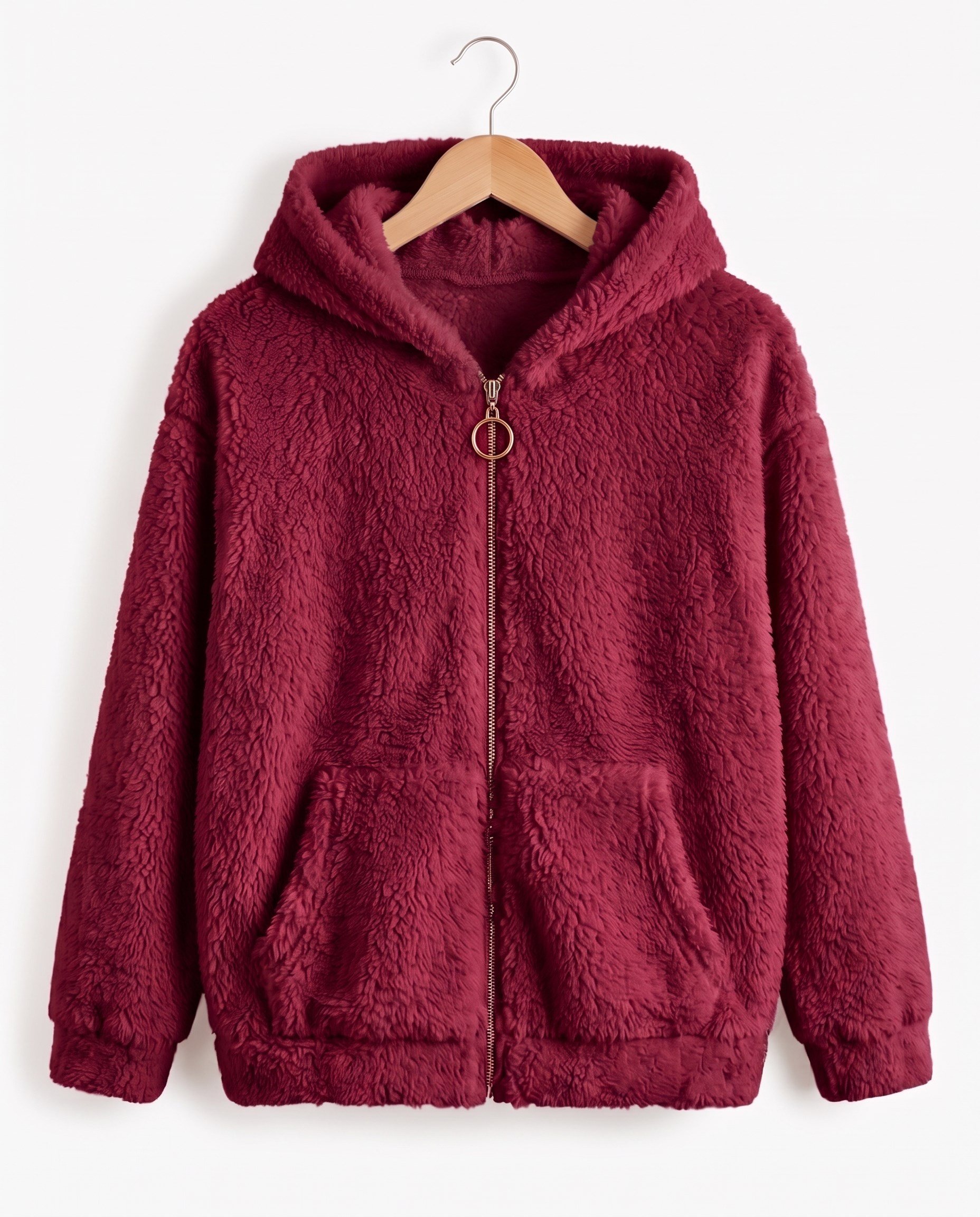 15602-1  Kapüşonlu Fermuarlı Unisex Peluş Hırka (3-7) BORDO