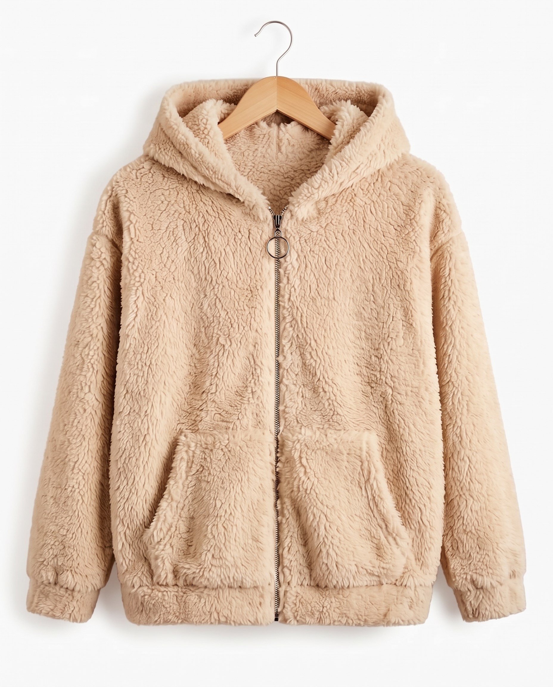 15602-1  Kapüşonlu Fermuarlı Unisex Peluş Hırka (3-7) BEJ