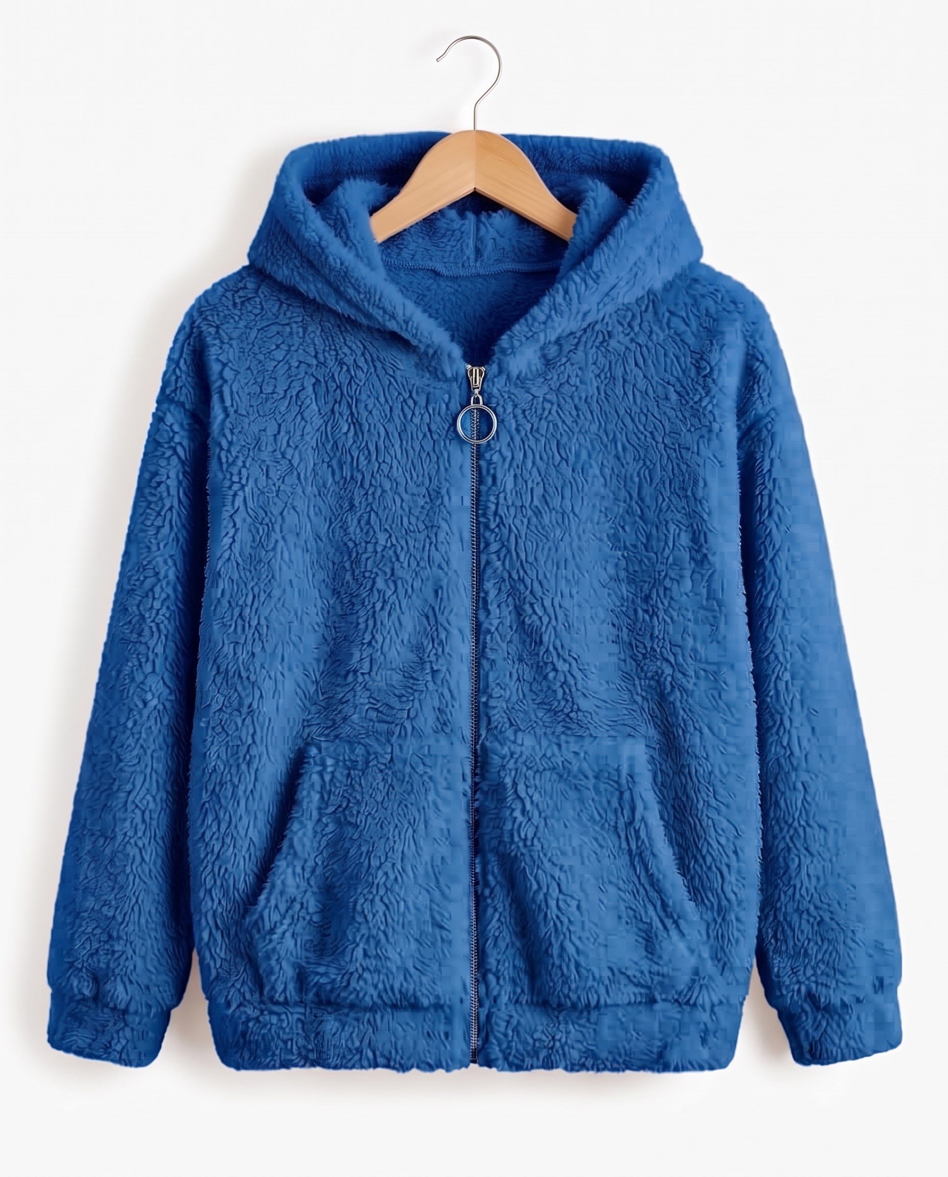 15603-1 Kapüşonlu Fermuarlı Unisex Peluş Hırka (8-12) MAVİ