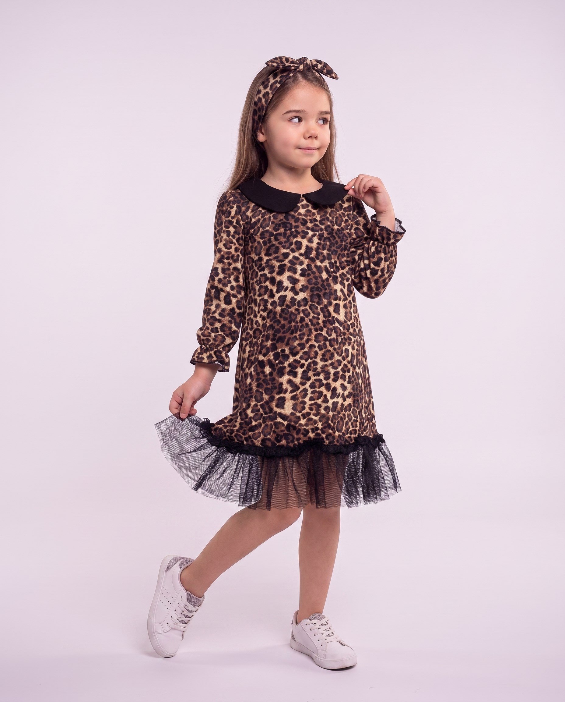 21006 Uzun Kol Yakalı Etek Tüllü Leopar Elbise LEOPAR