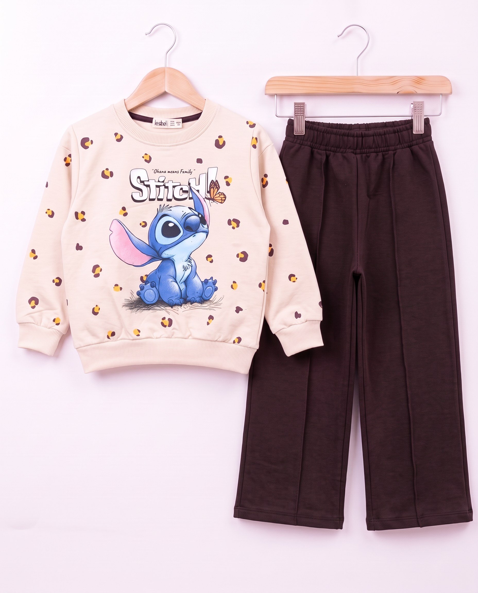 261052 Stitch Baskılı Bol Paça Kız Çocuk Takım KAHVE