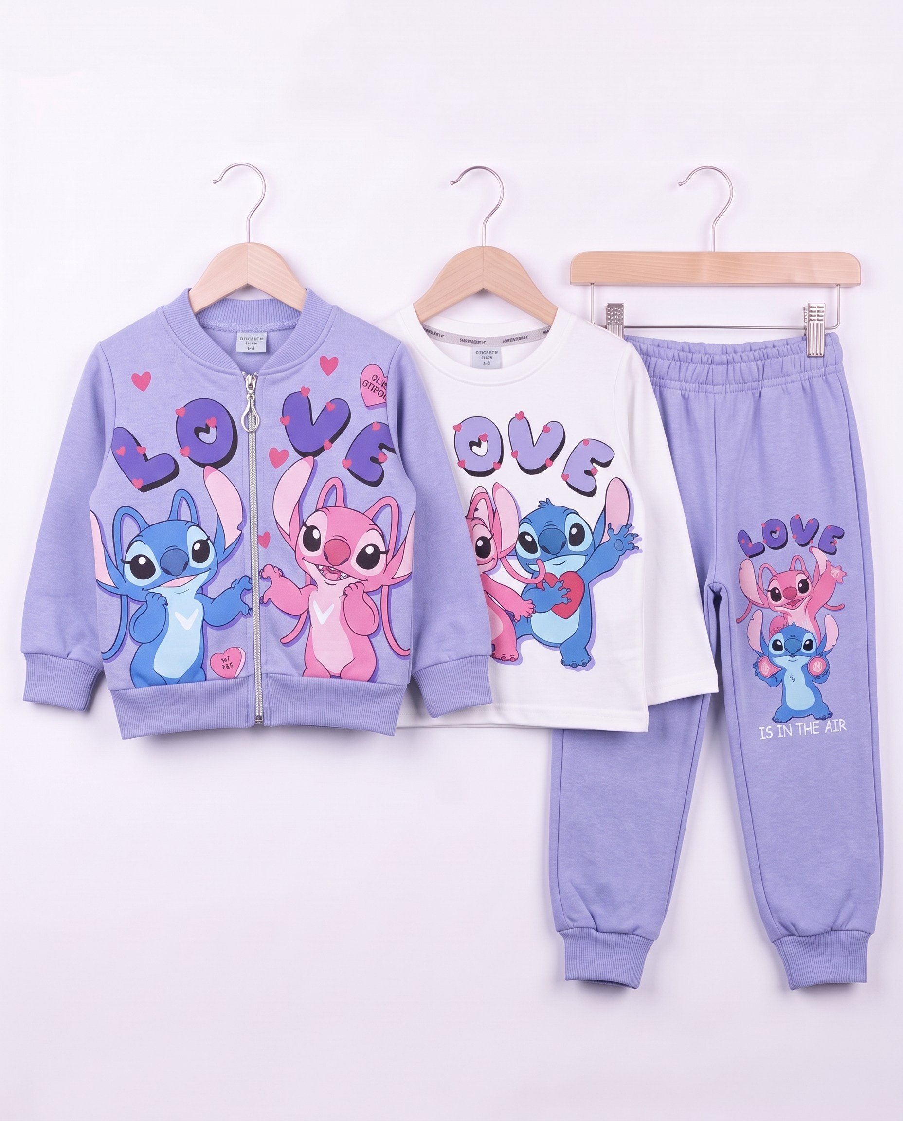 261176 Stitch Baskılı Şardonlu Hırkalı 3 Lü Kız Takım LİLA