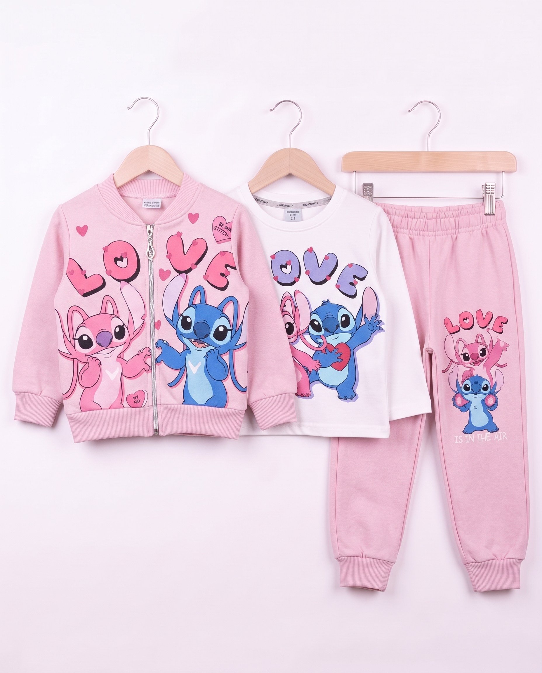 261176 Stitch Baskılı Şardonlu Hırkalı 3 Lü Kız Takım PEMBE