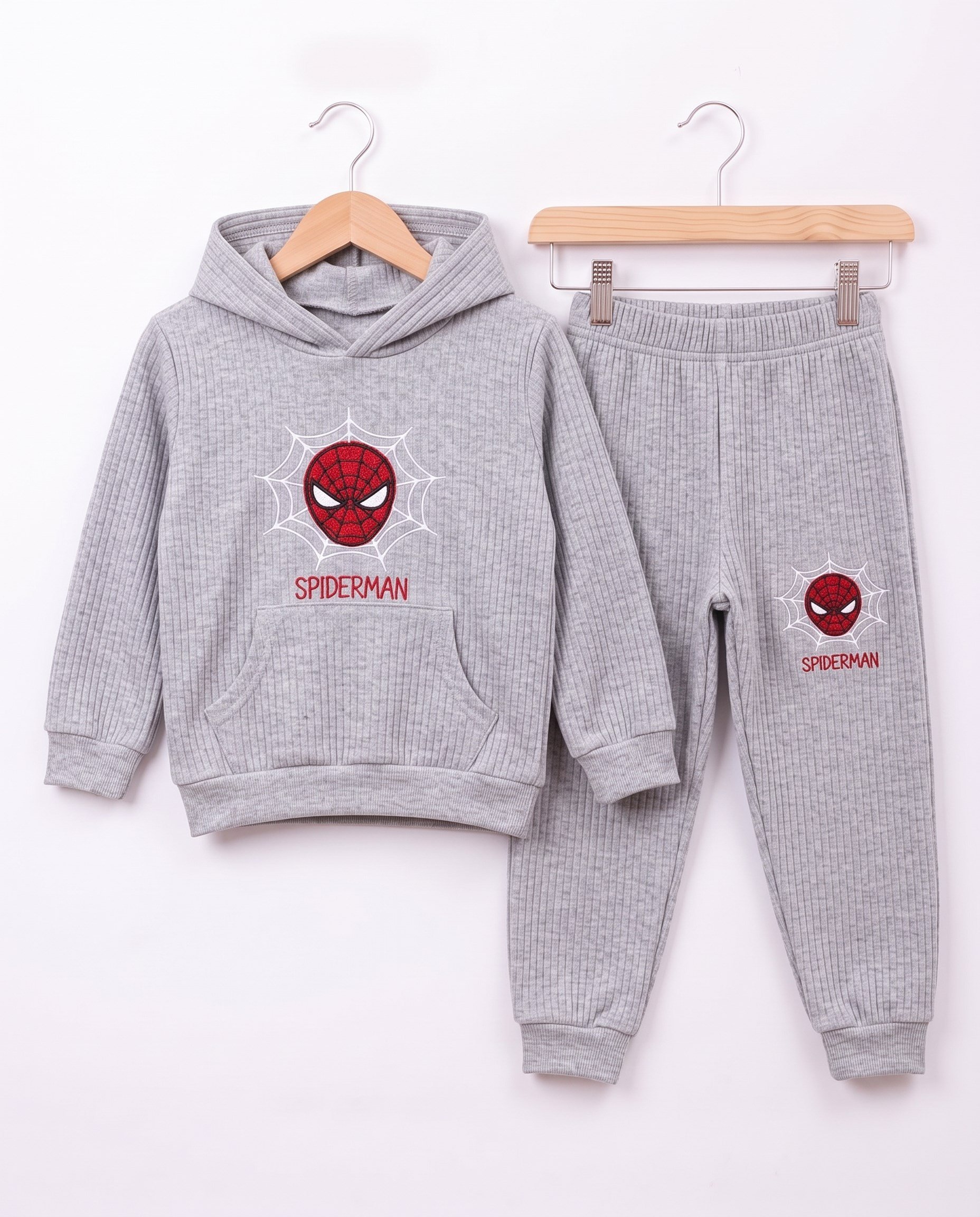 4649 Spıderman Baskılı Kapüşonlu Fitilli Erkek Çocuk Takım GRİ