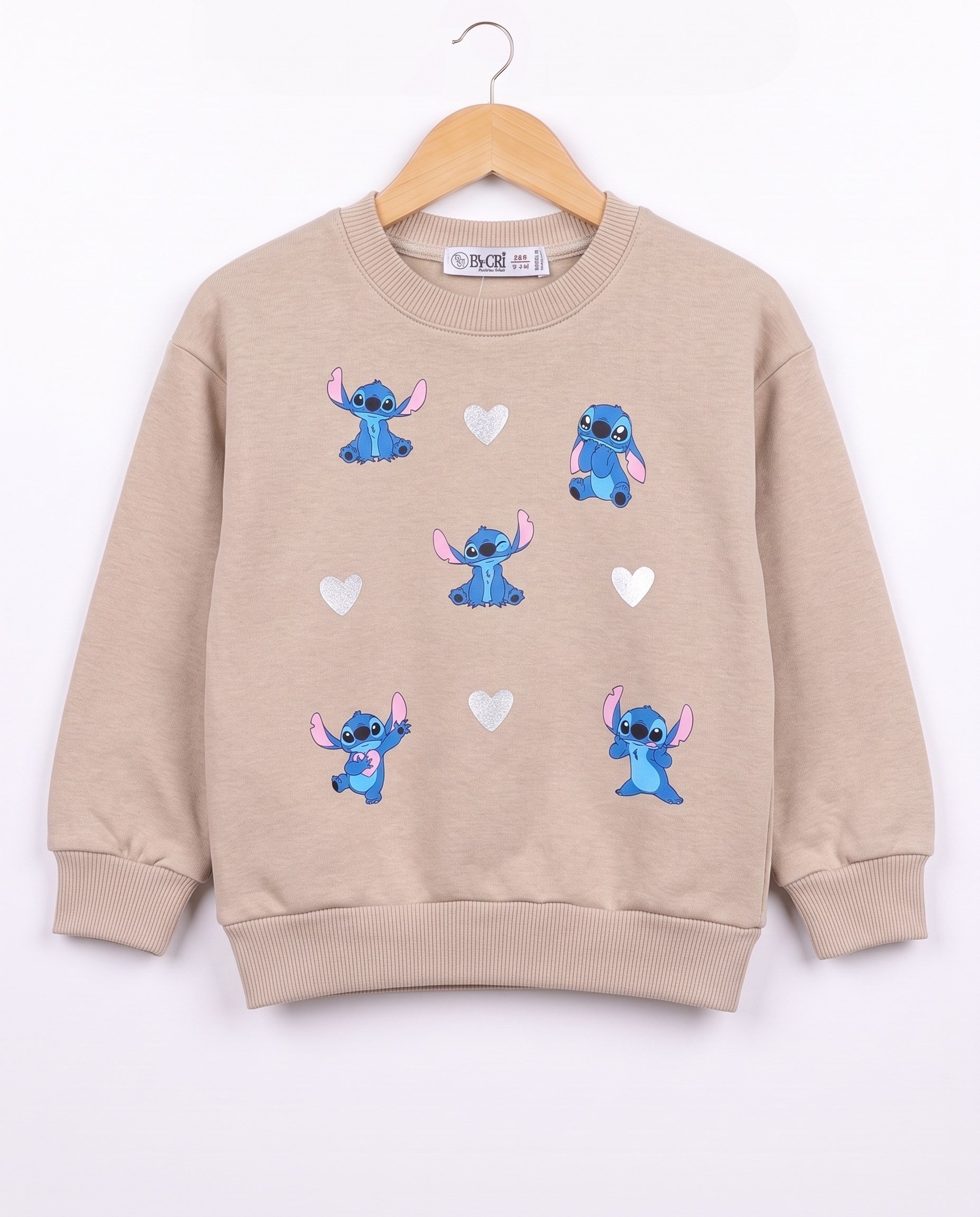4677 Stittch Kalp Baskılı 3 İp Kız Çocuk Sweat BEJ