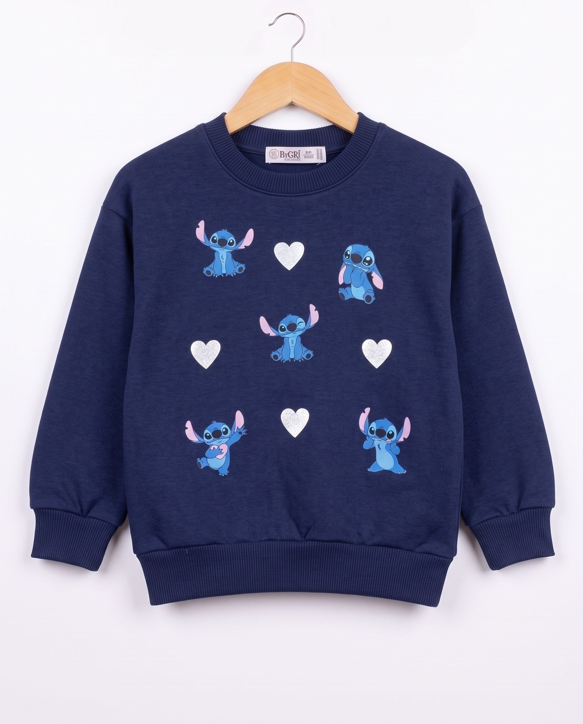 4677 Stittch Kalp Baskılı 3 İp Kız Çocuk Sweat LACİVERT