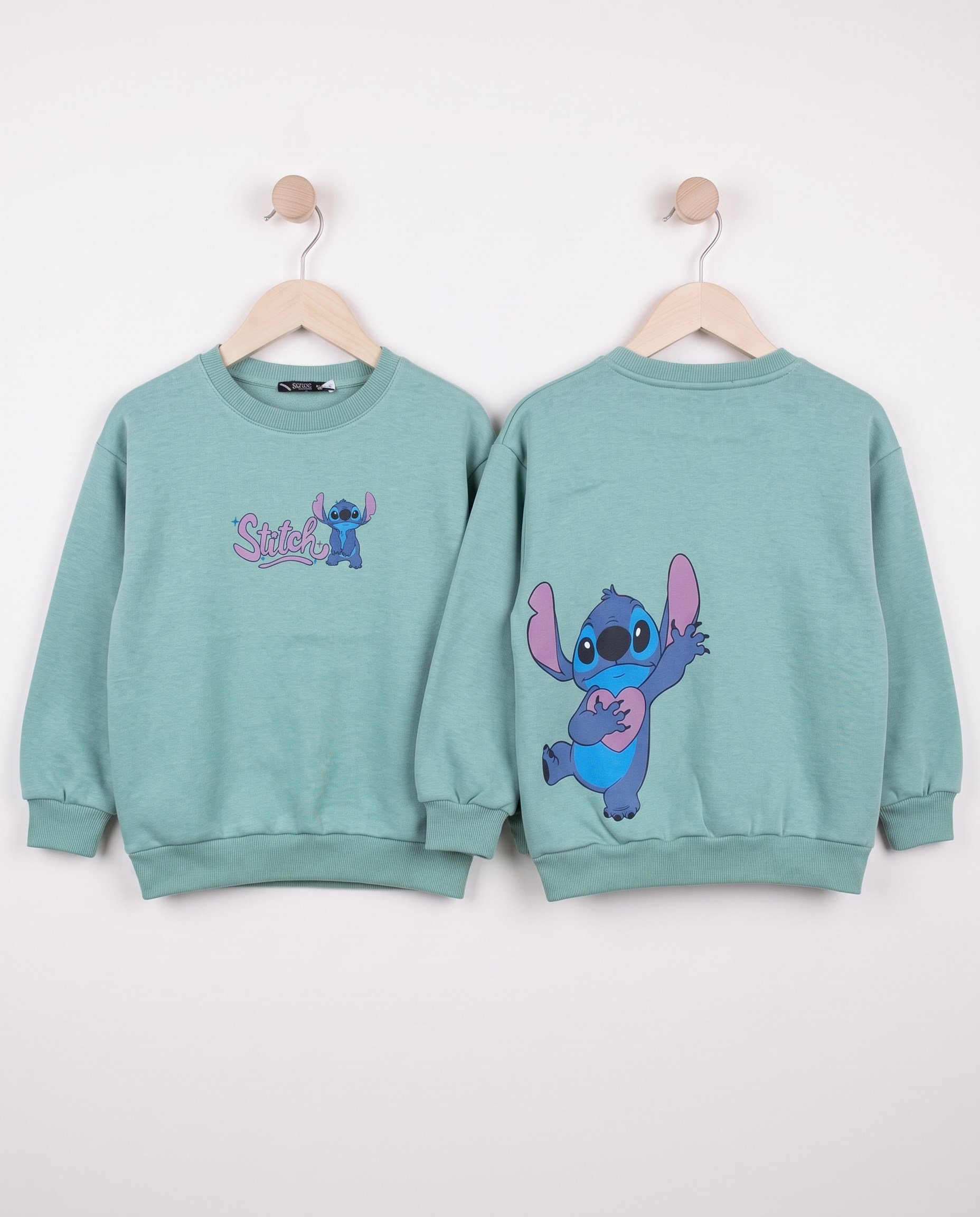 4679 Stitch Ön Arka Baskılı Kompakt 3 İp Kız Sweat YEŞİL
