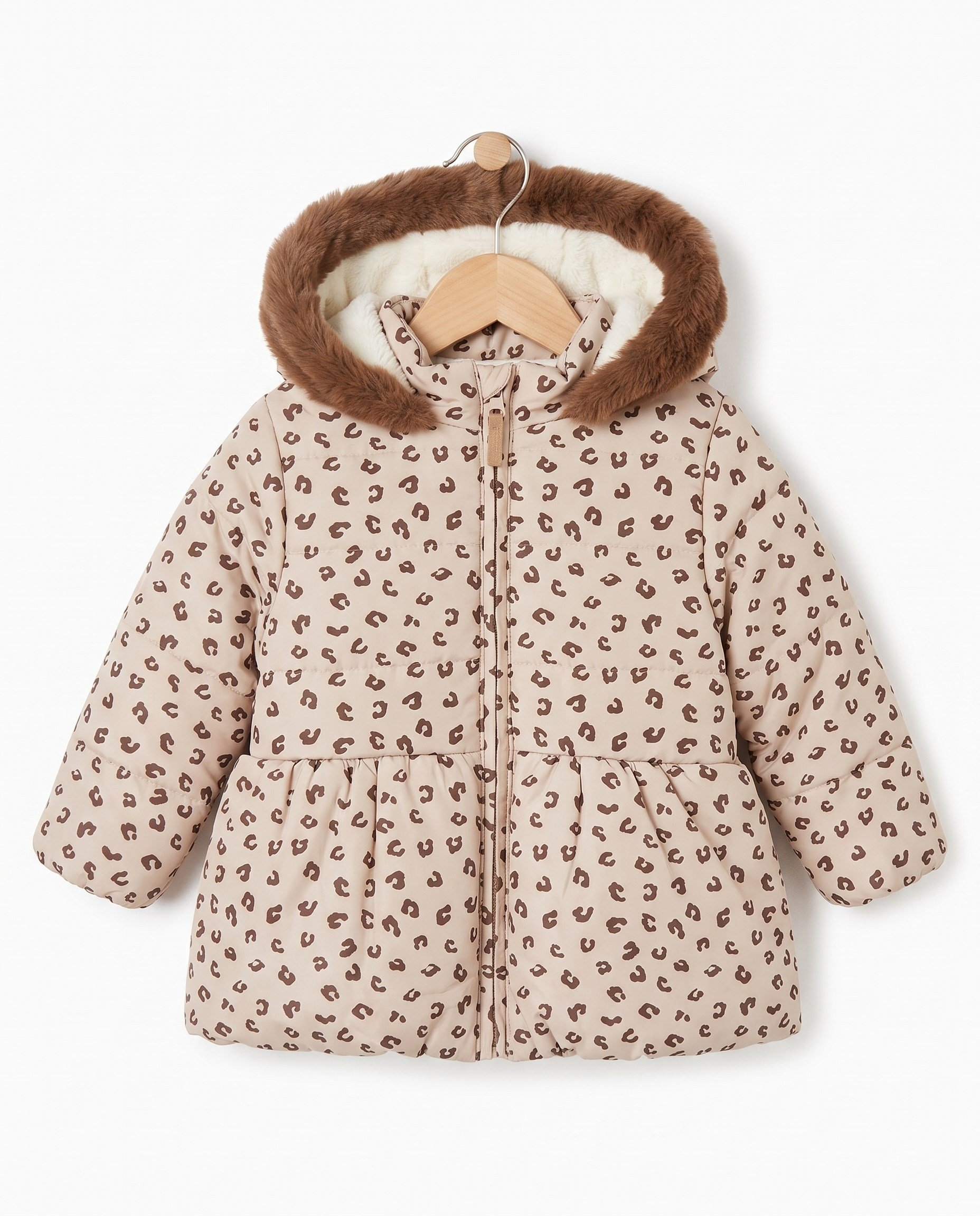 50327-1 Leopar Desenli İçi Peluş Kız Çocuk Mont BEJ