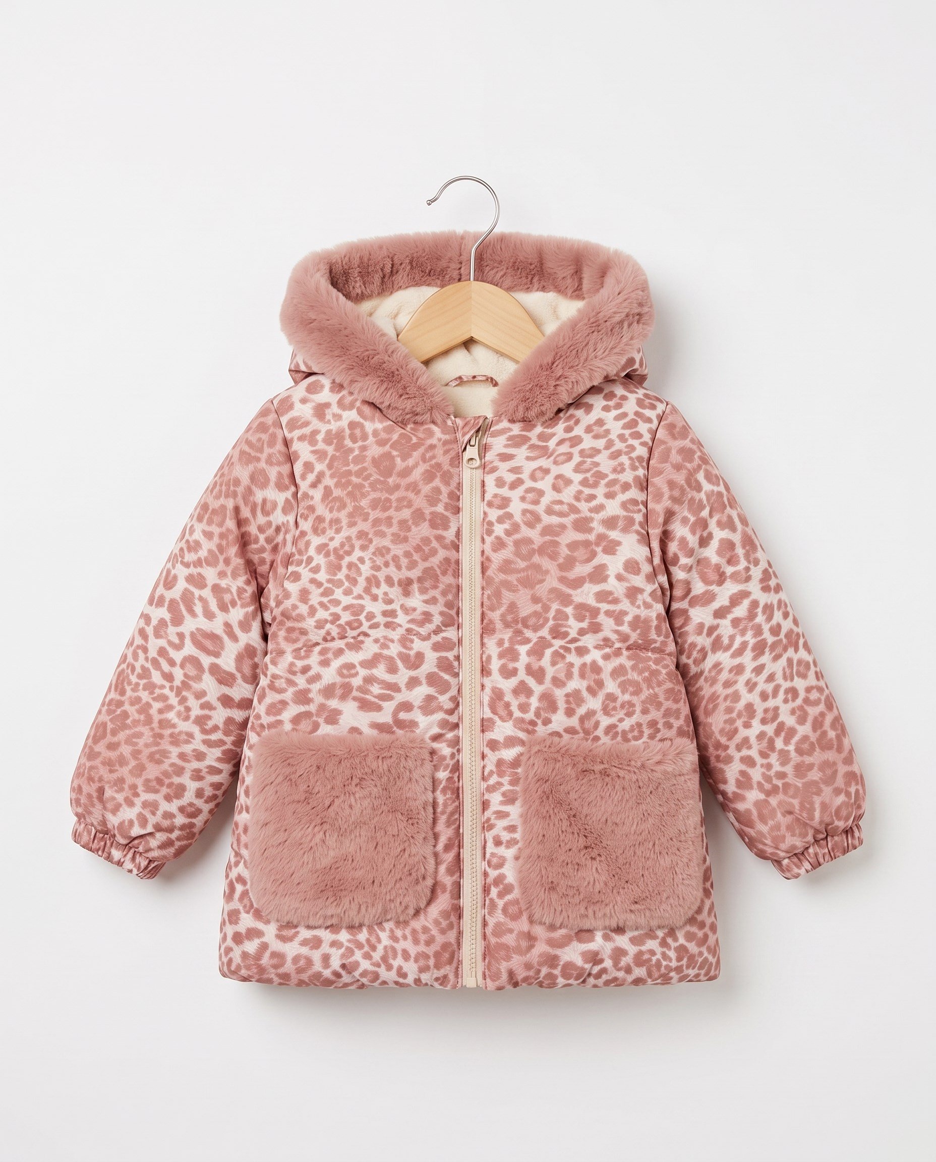50433-1 Leopar Desenli Peluş Cepli Kız Çocuk Mont PUDRA