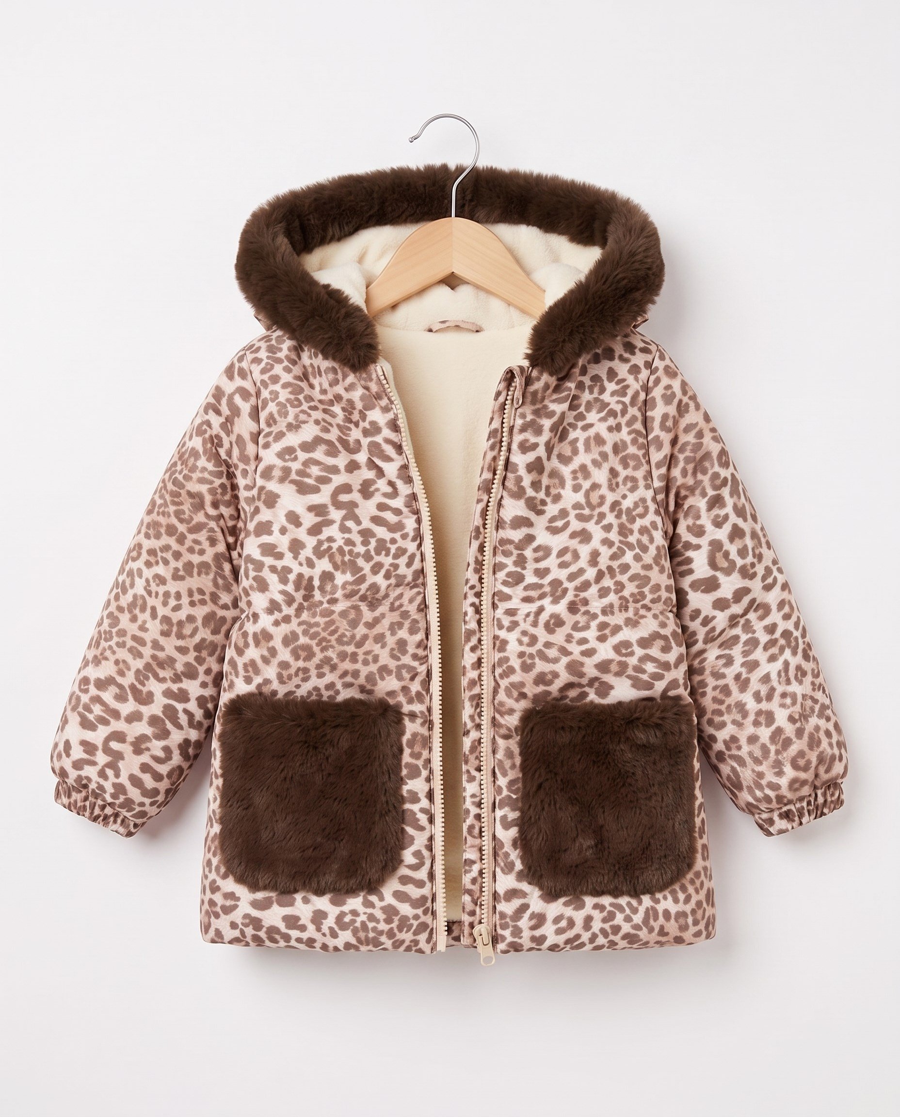50433-1 Leopar Desenli Peluş Cepli Kız Çocuk Mont KAHVE