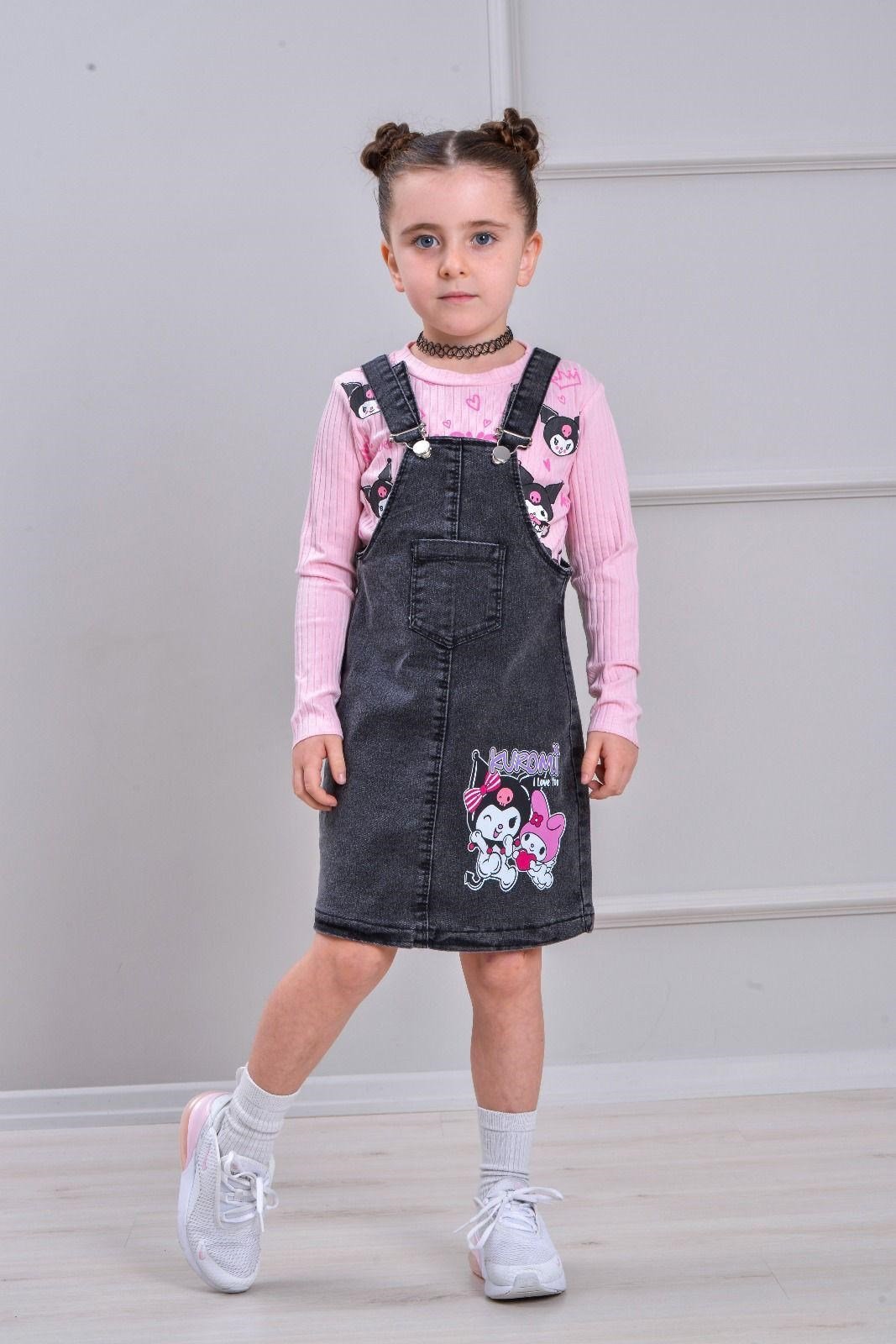W4556 İKİLİ KUROMİ KOT ELBİSE AÇIK PEMBE
