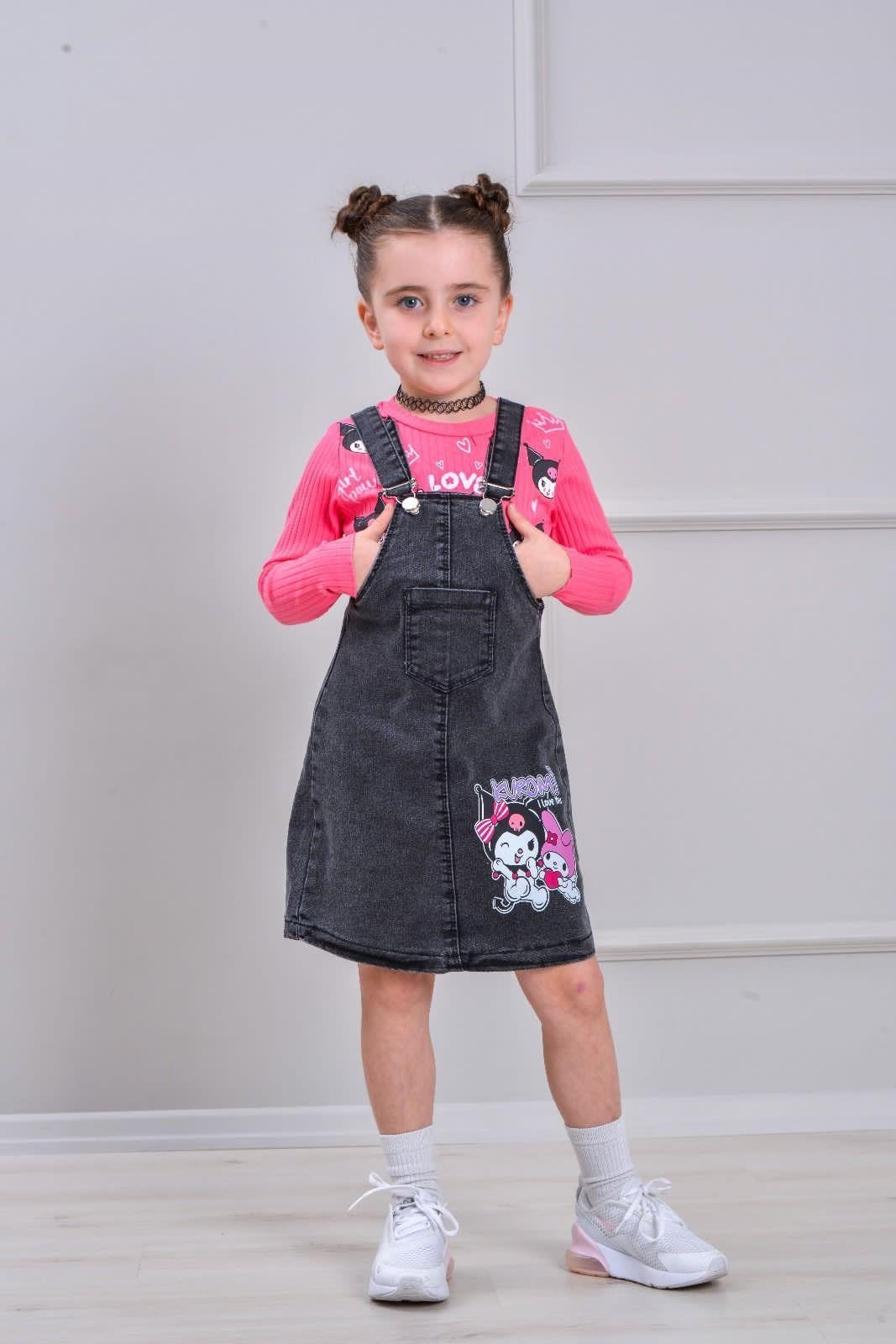 W4556 İKİLİ KUROMİ KOT ELBİSE PEMBE