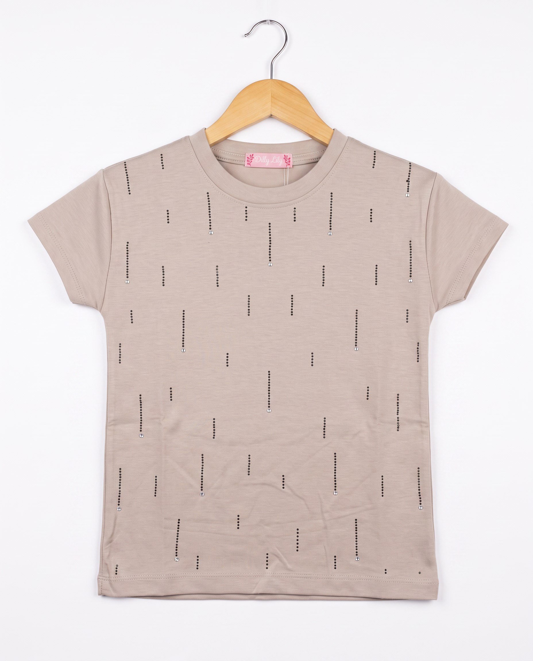 W4578 Taş Detaylı Kız Çocuk Tshirt VİZON