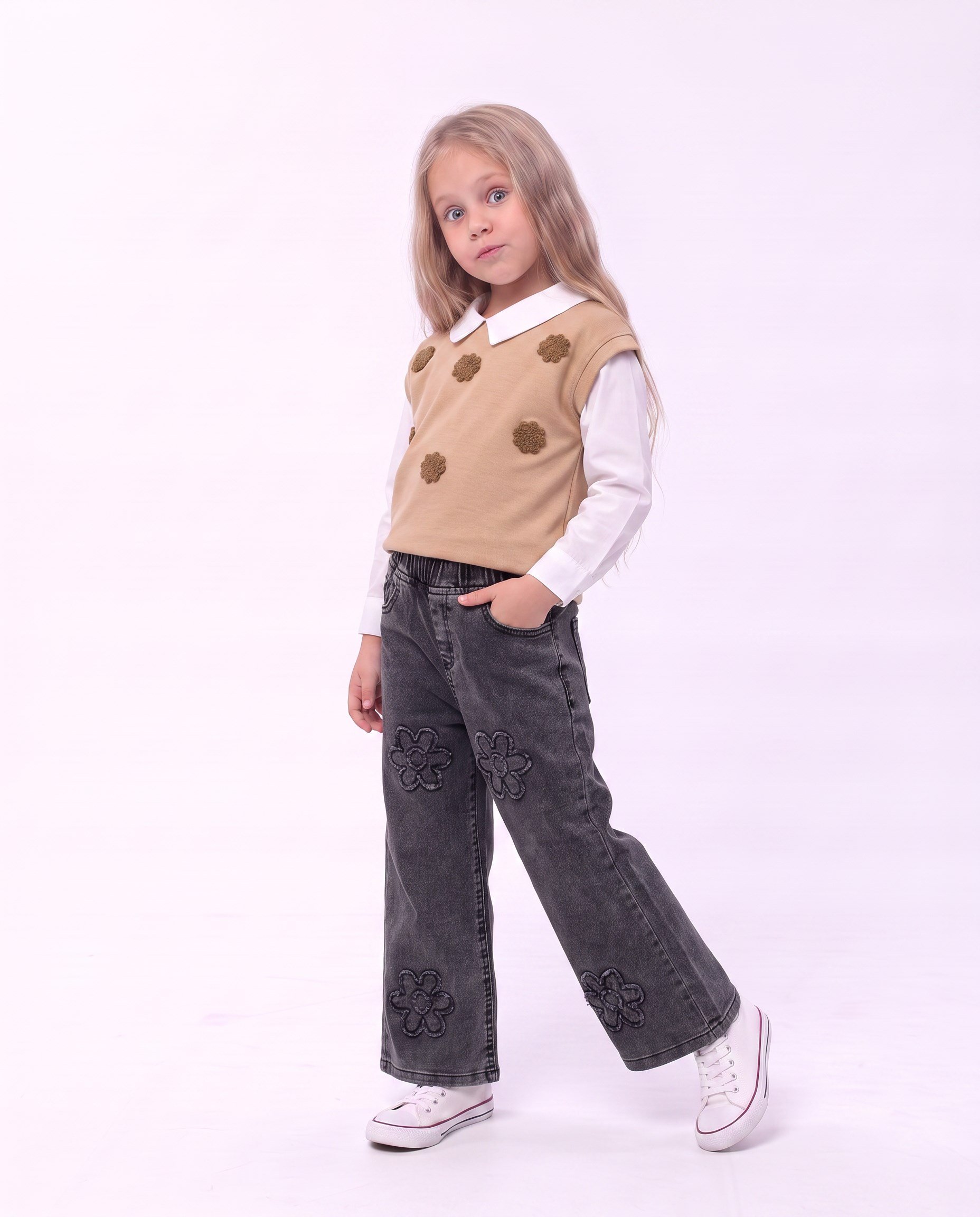 W4584 Bebe Yaka Çiçek Nakışlı Triko Takım CAMEL