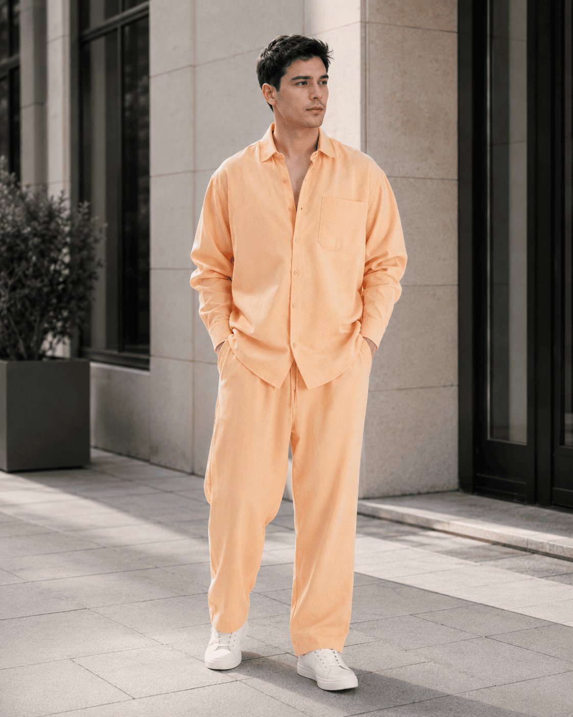 Erkek Modal Kumaş Oversize Gömlek Baggy Pantolon Takım