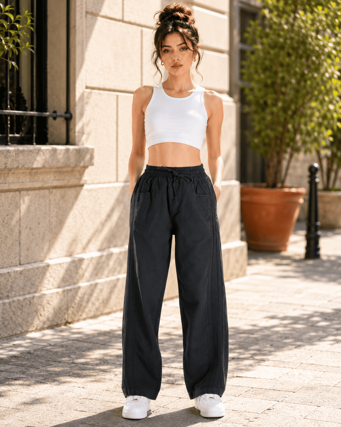 Kadın Beli Lastikli Çizgi Detaylı Baggy Pantolon