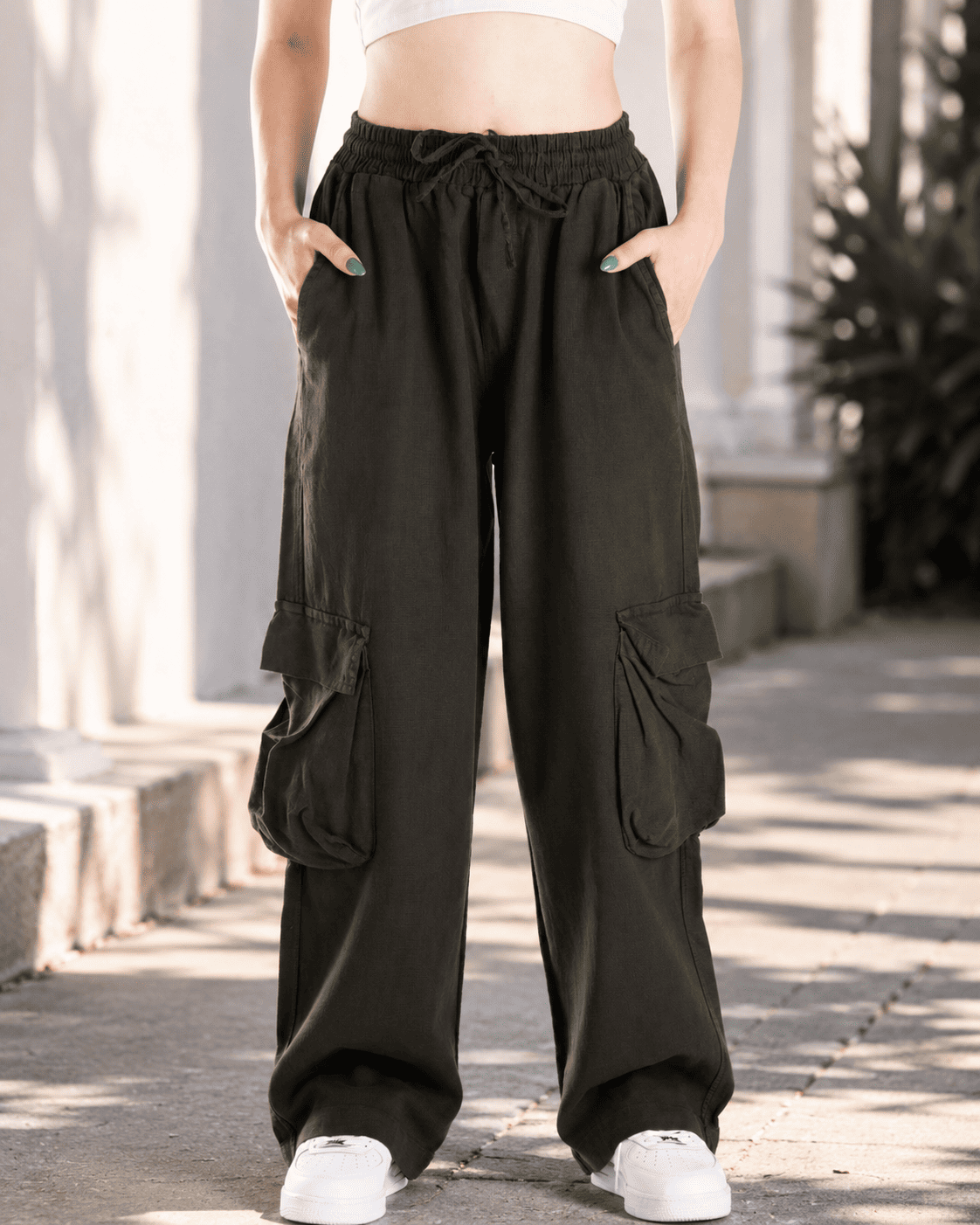 Kadın Beli Lastikli Kargo Cepli Baggy Keten Pantolon