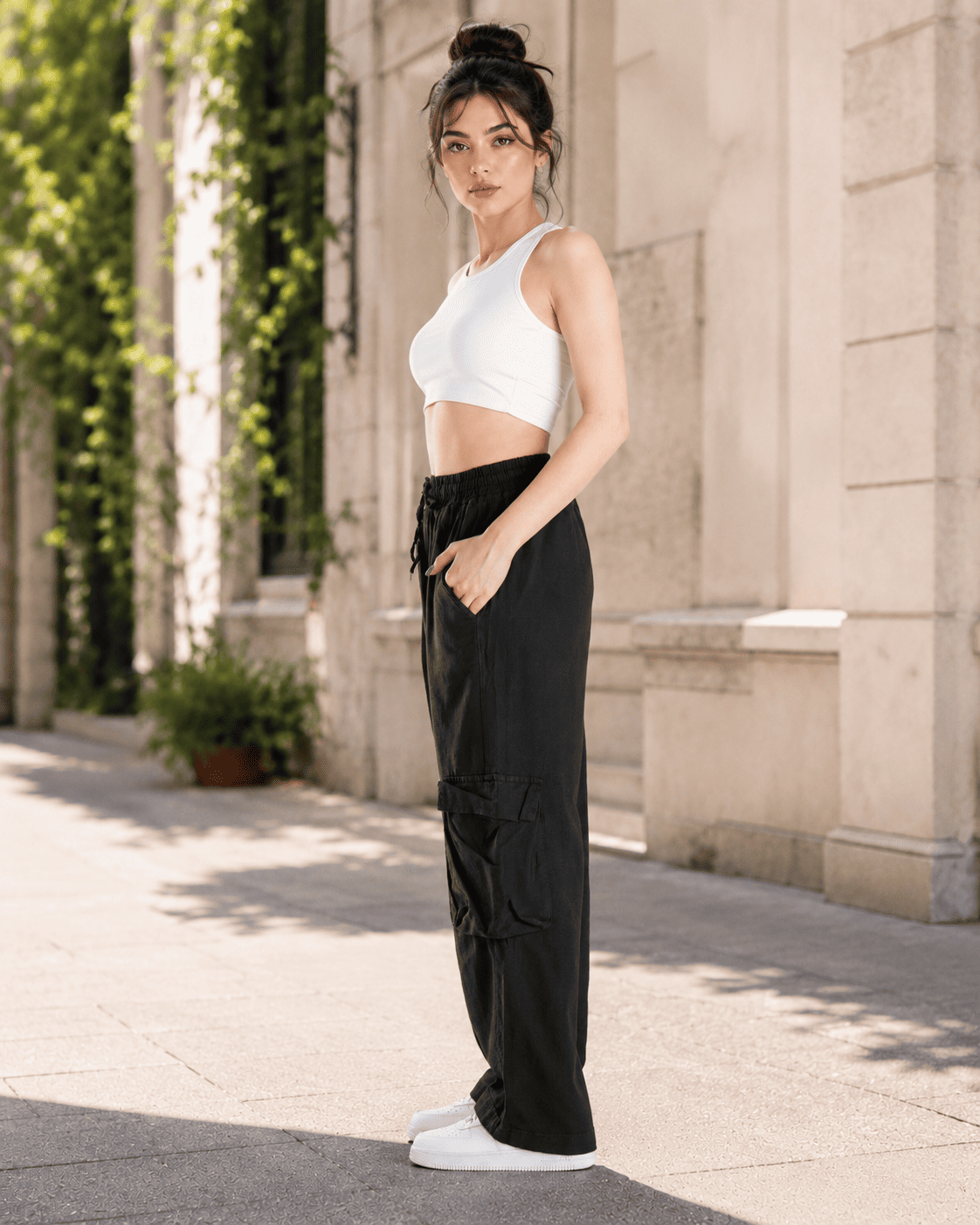 Kadın Beli Lastikli Kargo Cepli Baggy Keten Pantolon