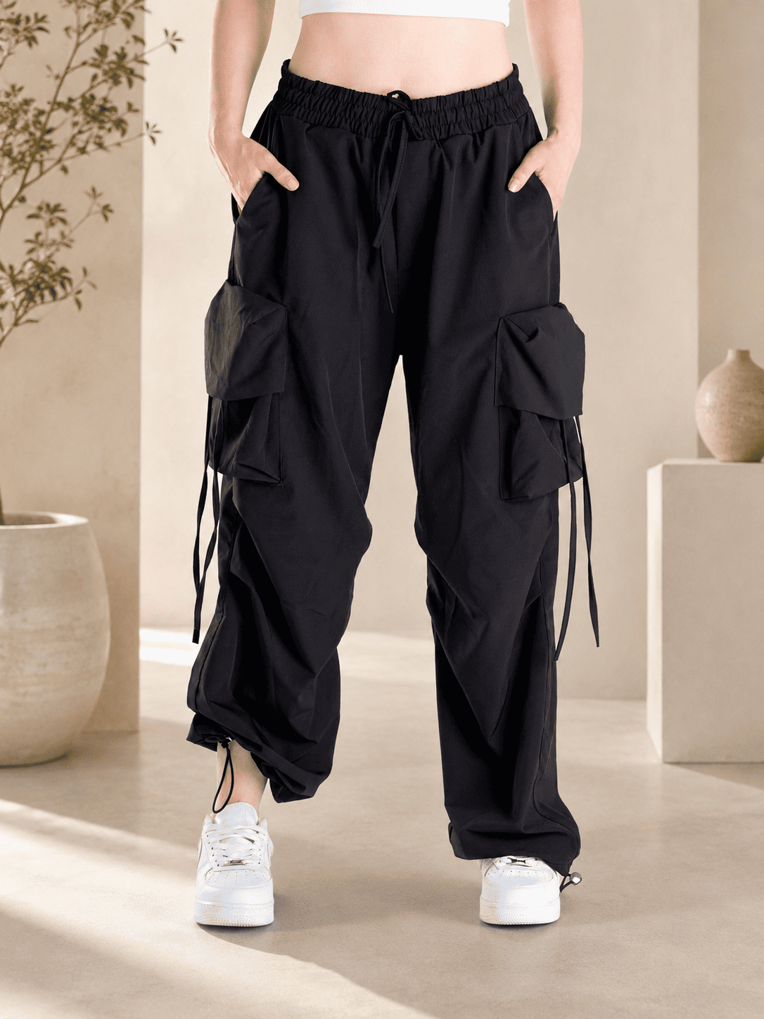 Kadın Lastikli Kargo Cepli Baggy Keten Pantolon