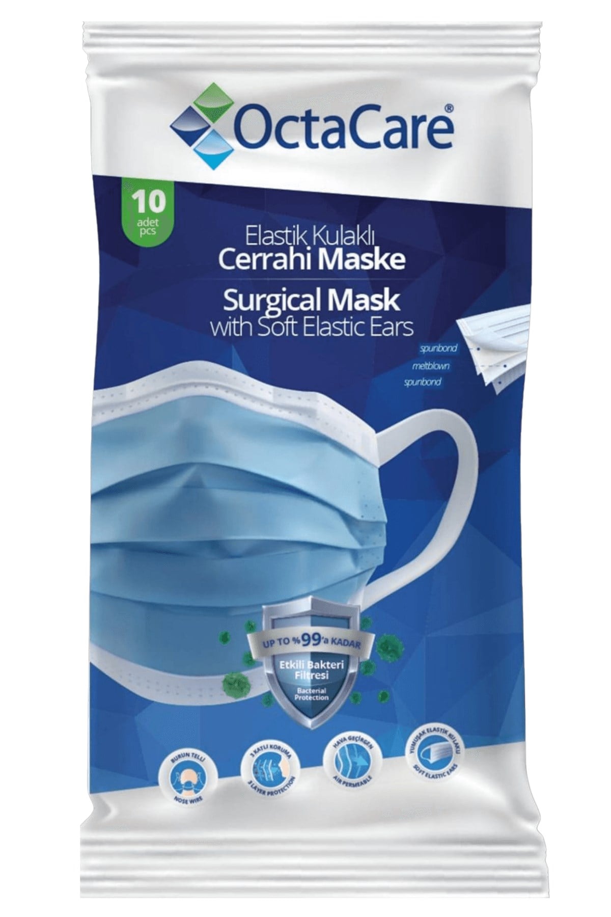 OctaCare - Elastik Kulaklı Cerrahi Maske - 10'lu