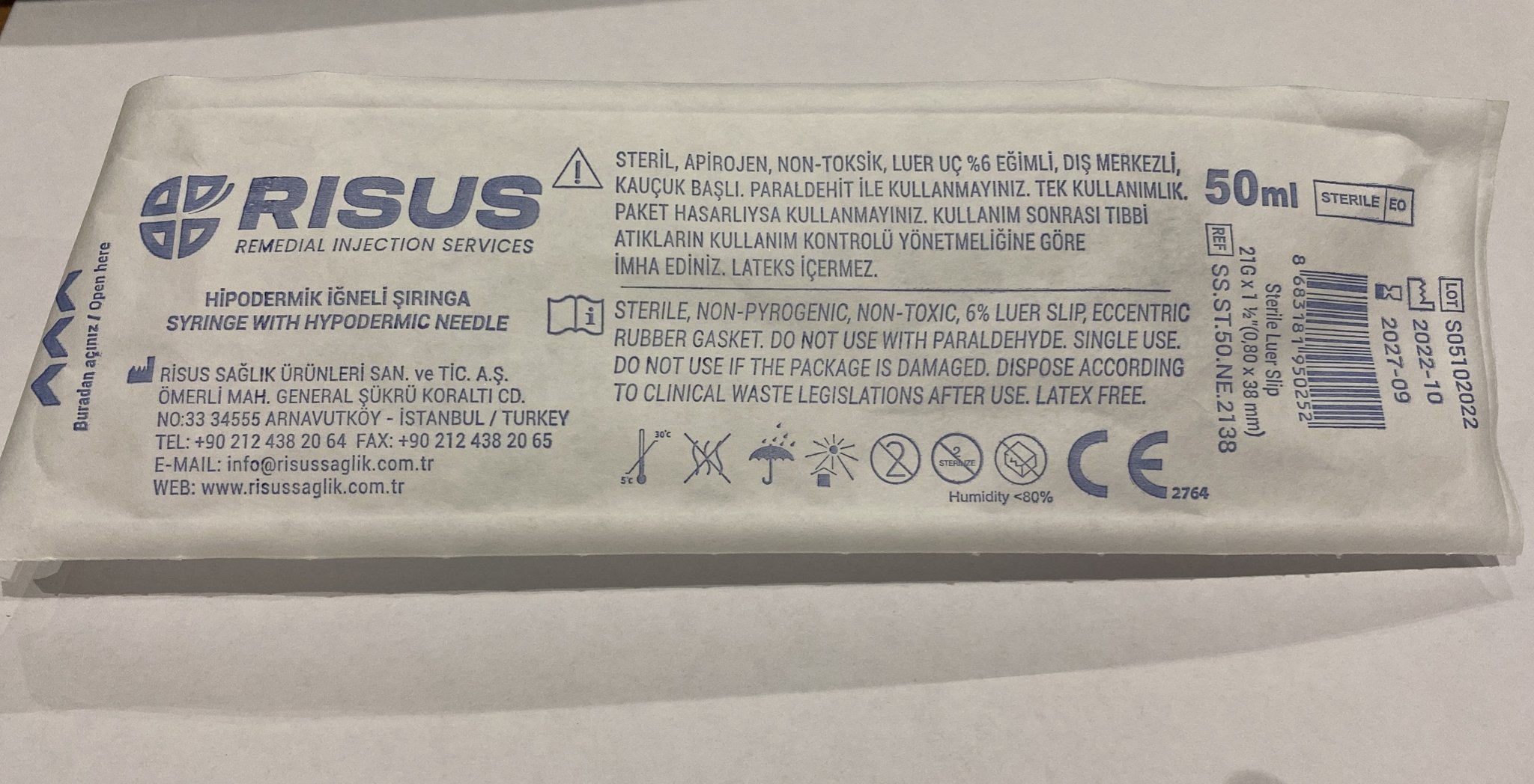 Risus -  Enjektör Hipodermik İğneli Şırınga 50 ML - 3 Parça - 21G (0.80x38 mm)