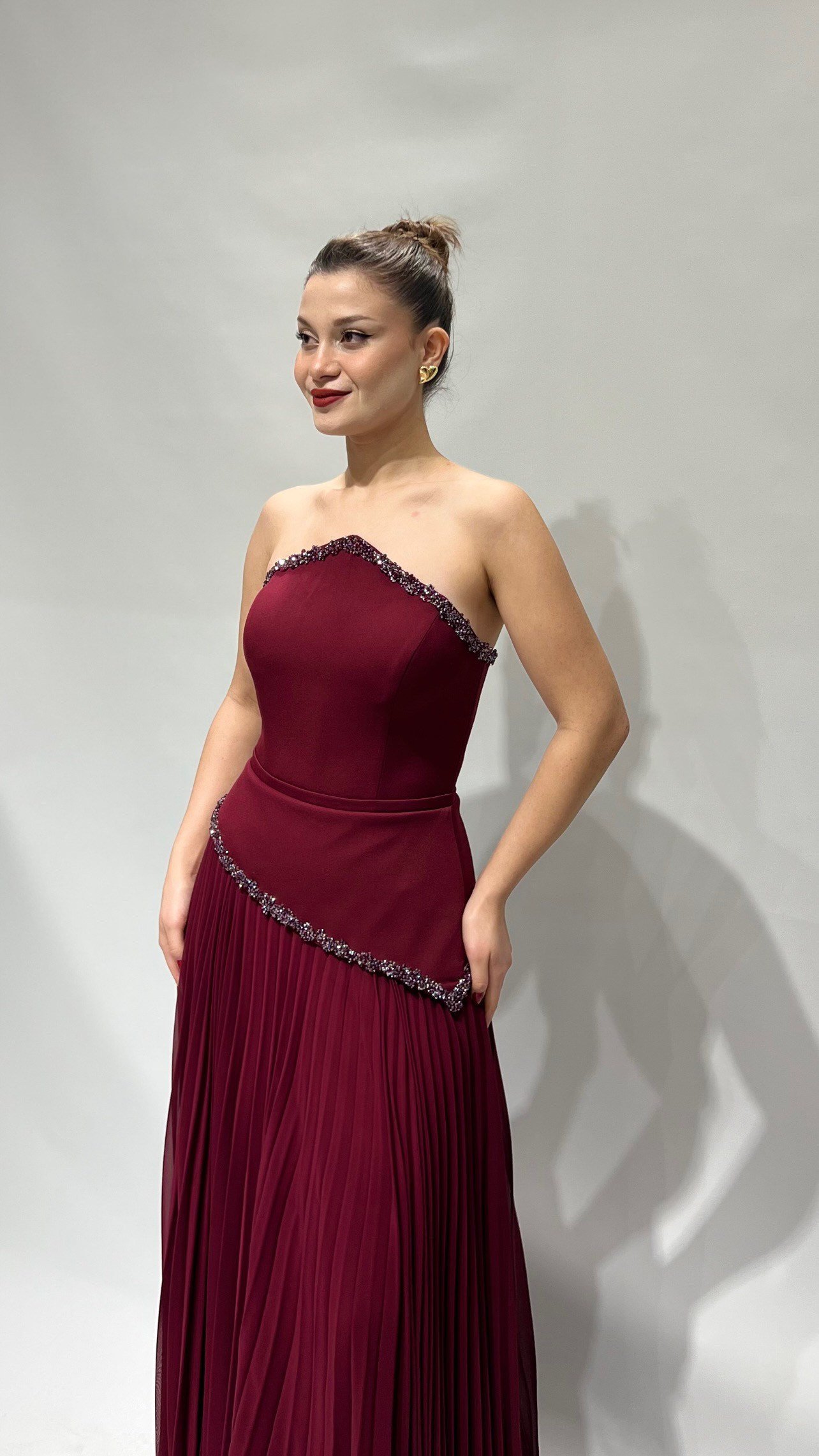Bordo Saten Korseli Uzun Abiye