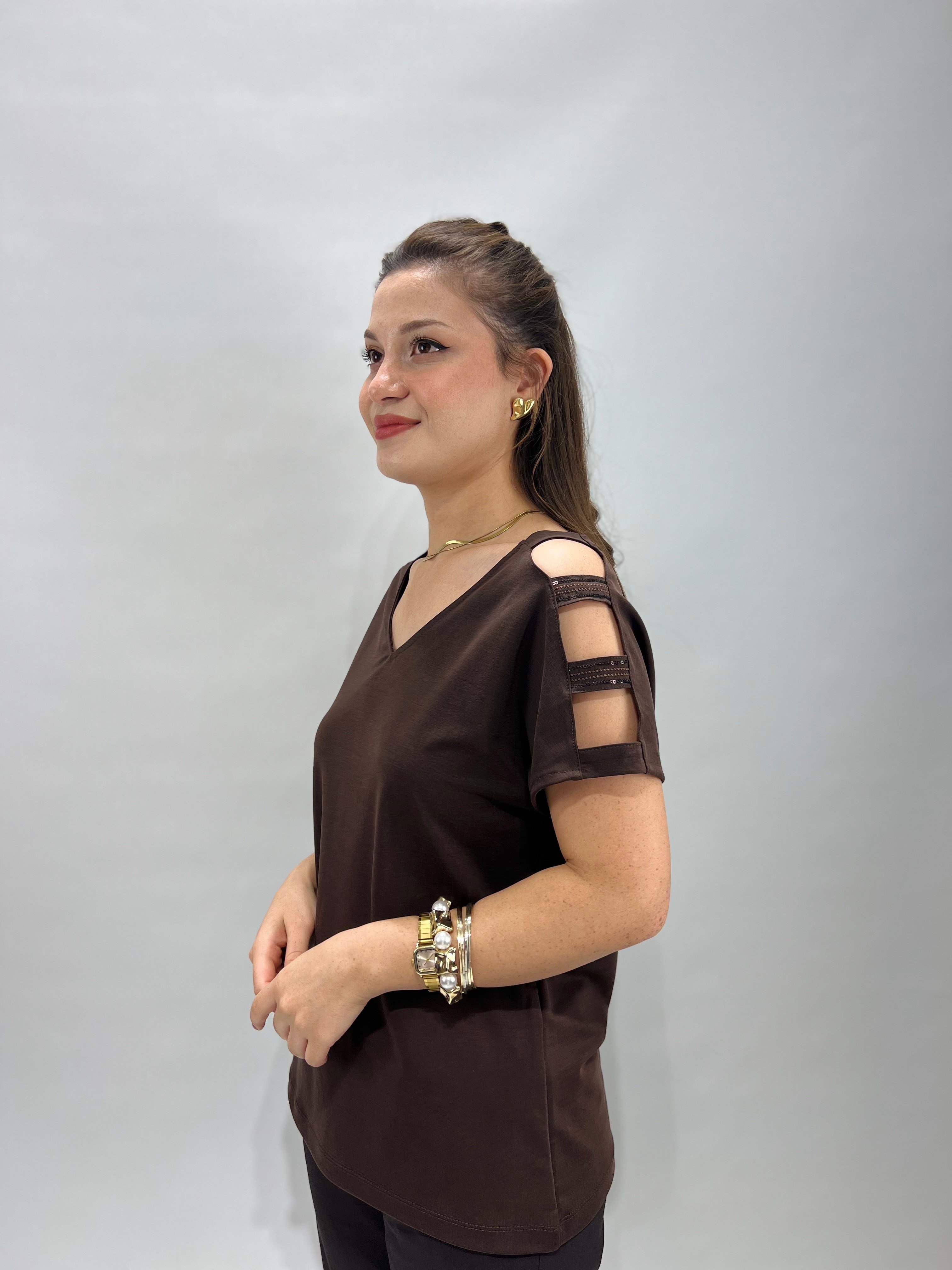 Kahverengi Kolları Pullu Modal Bluz
