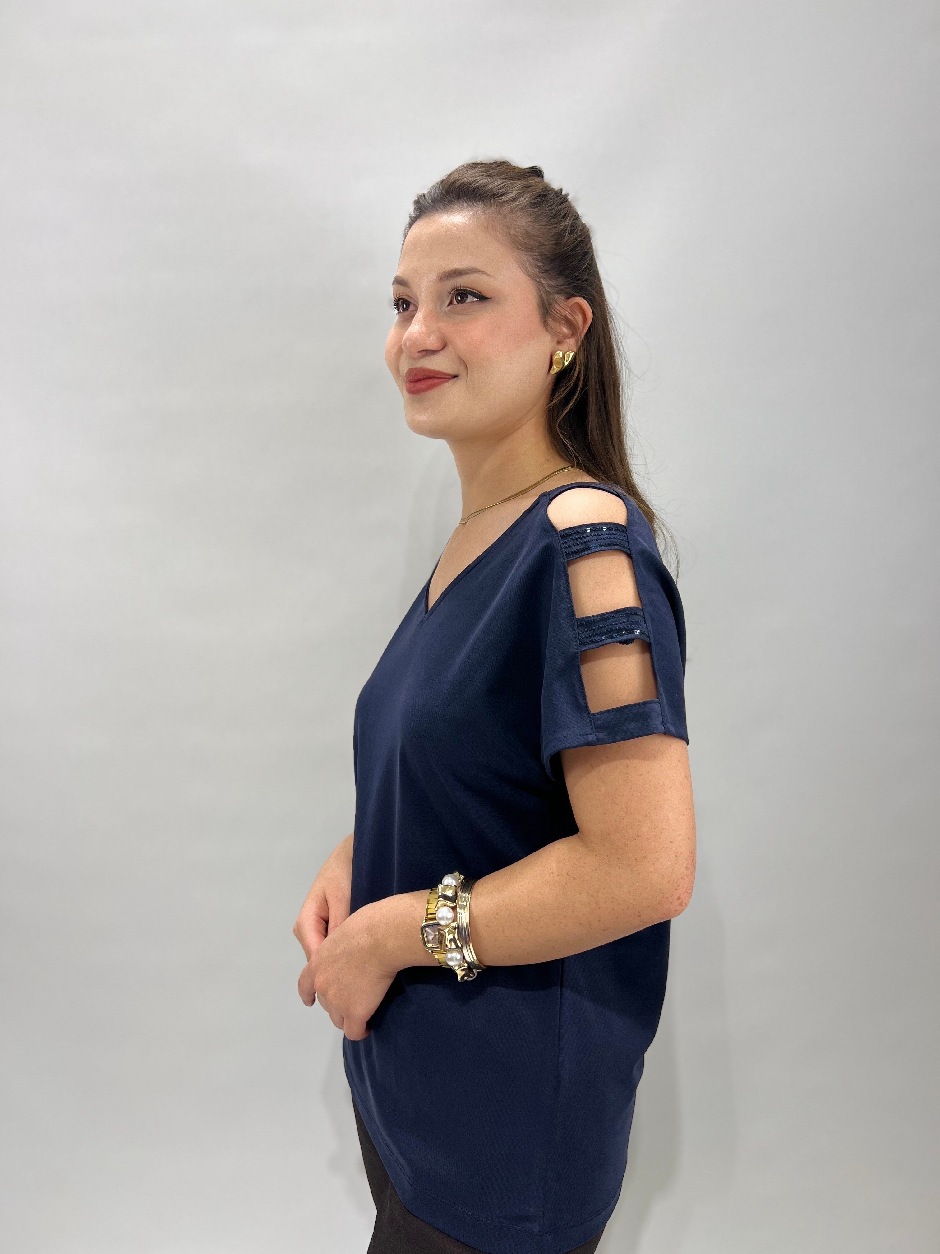 Lacivert Kolları Pullu Modal Bluz