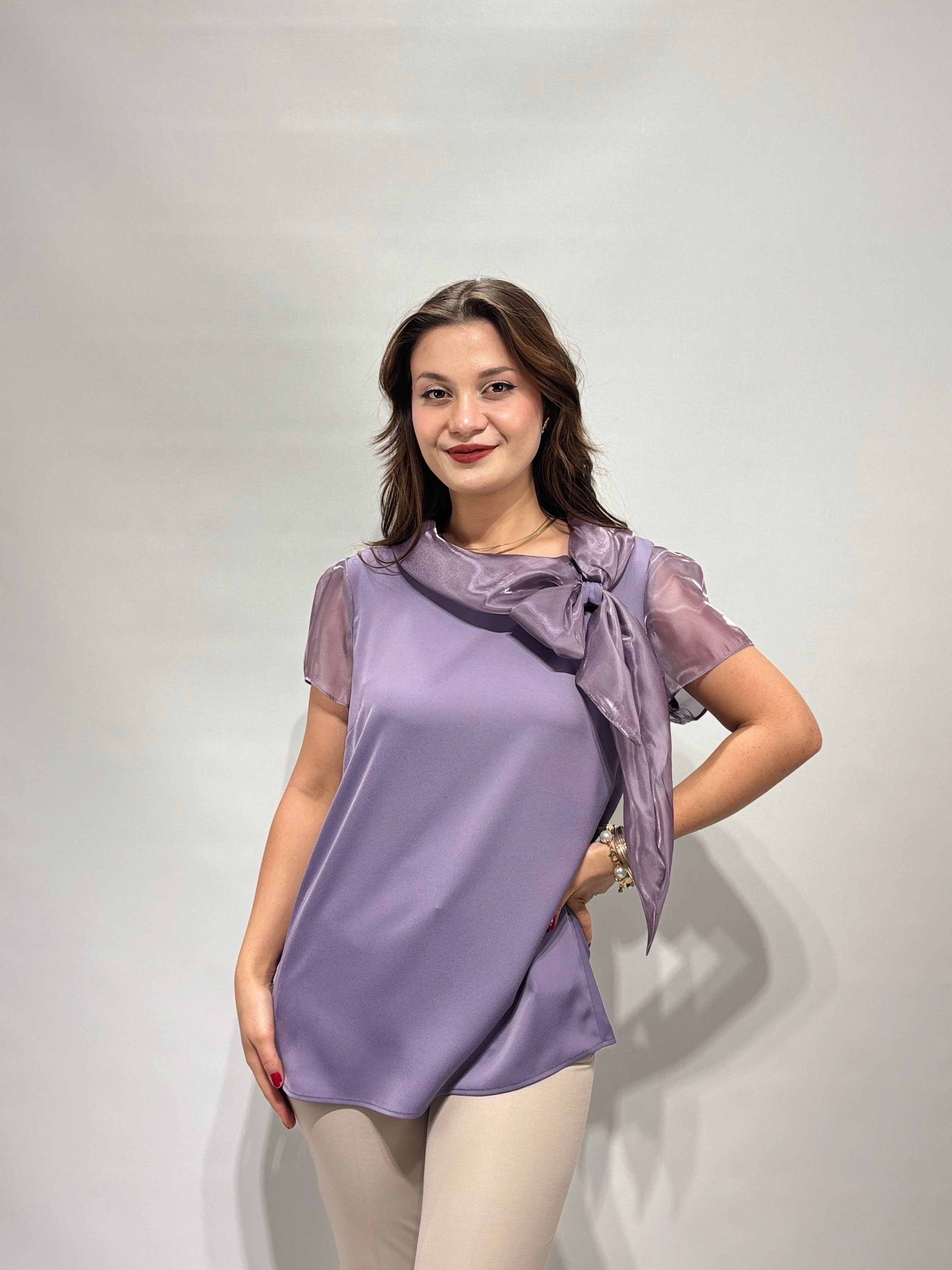 Lila Organze Fiyonk Detay Bluz