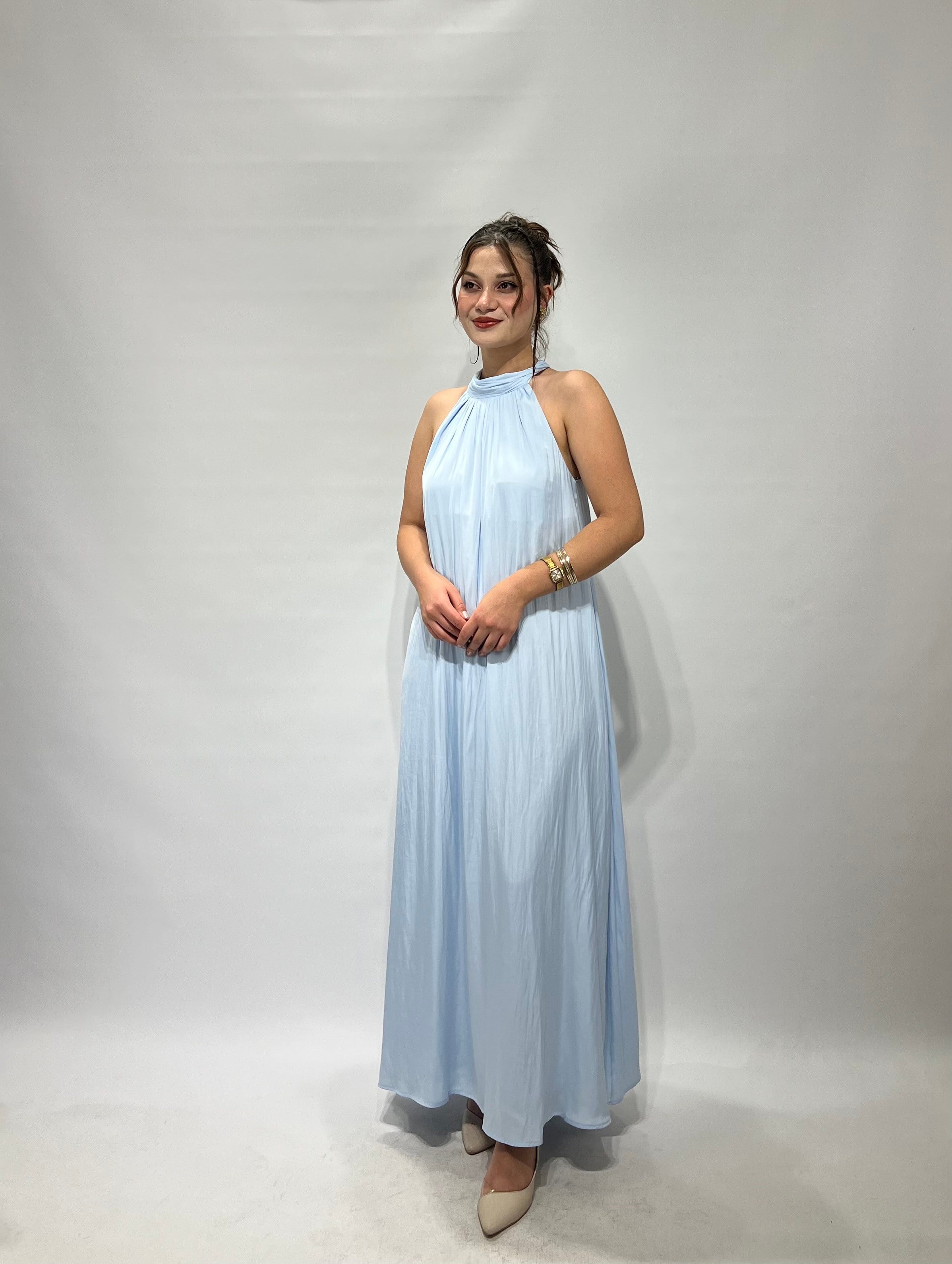 Mavi Halter Yaka Saten Elbise