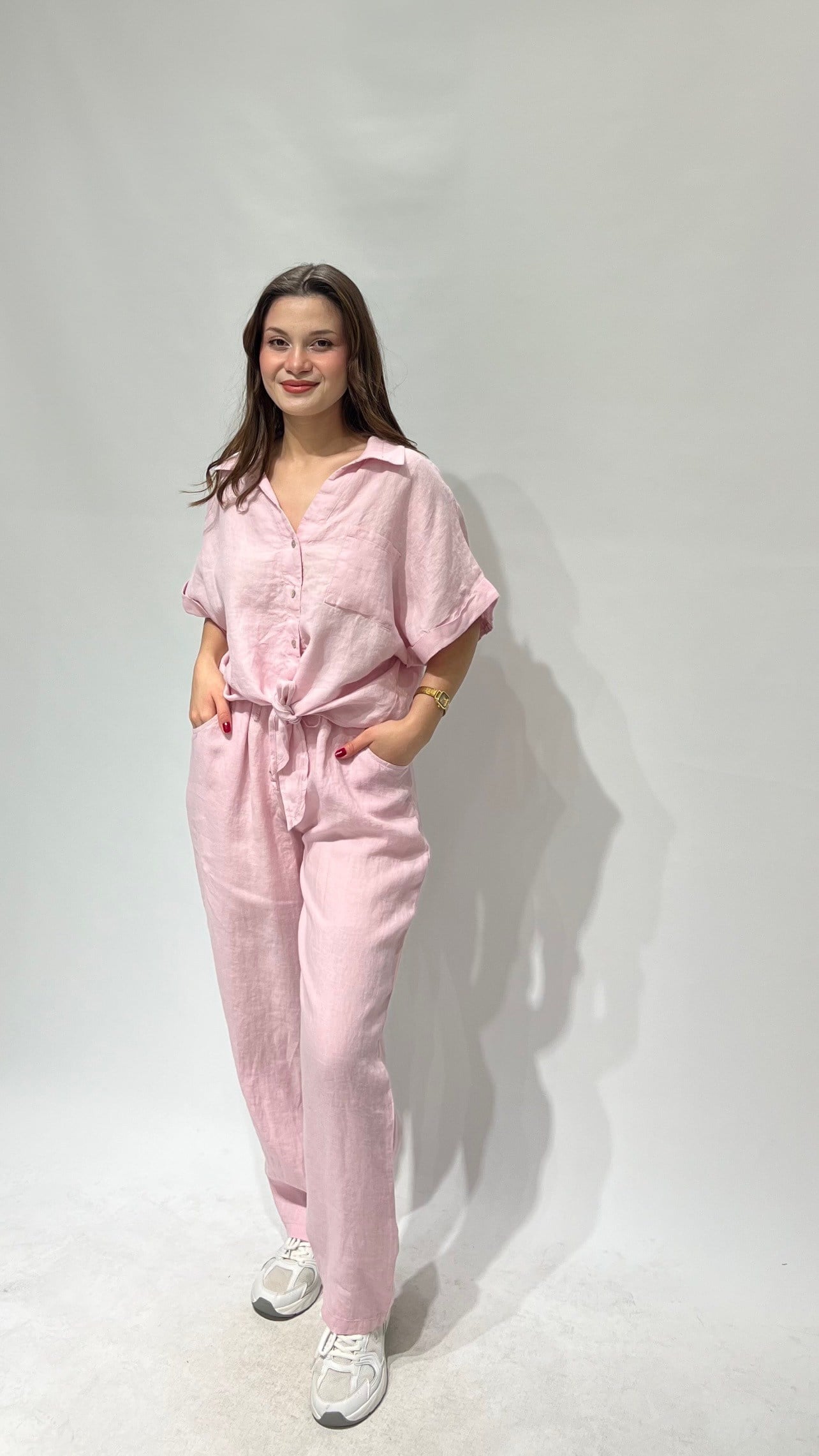 Pembe Önden Bağlı Keten Takım