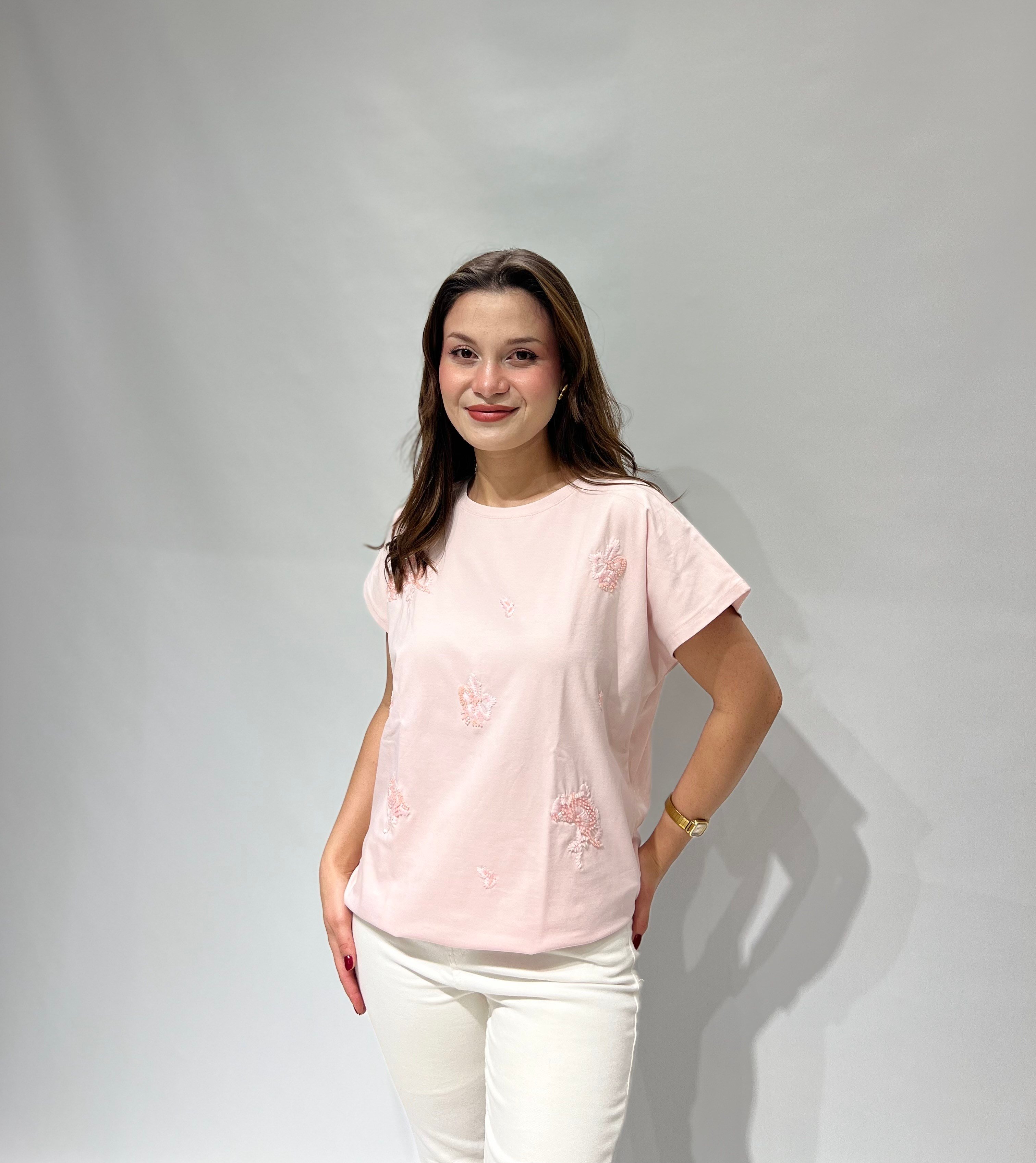 Pembe Önü Taşlı Tişört