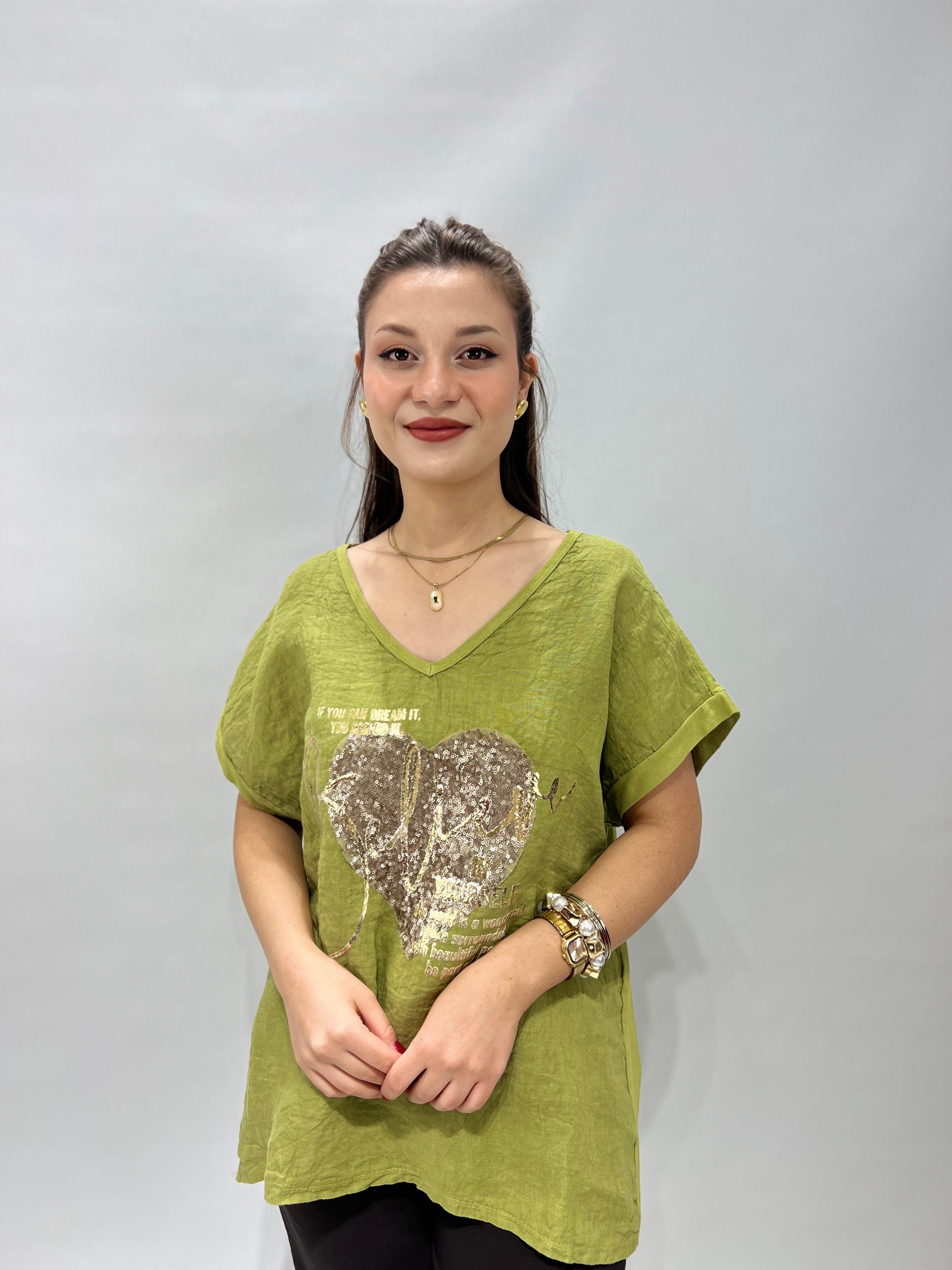 Pullu Keten Bluz FISTIK YEŞİLİ