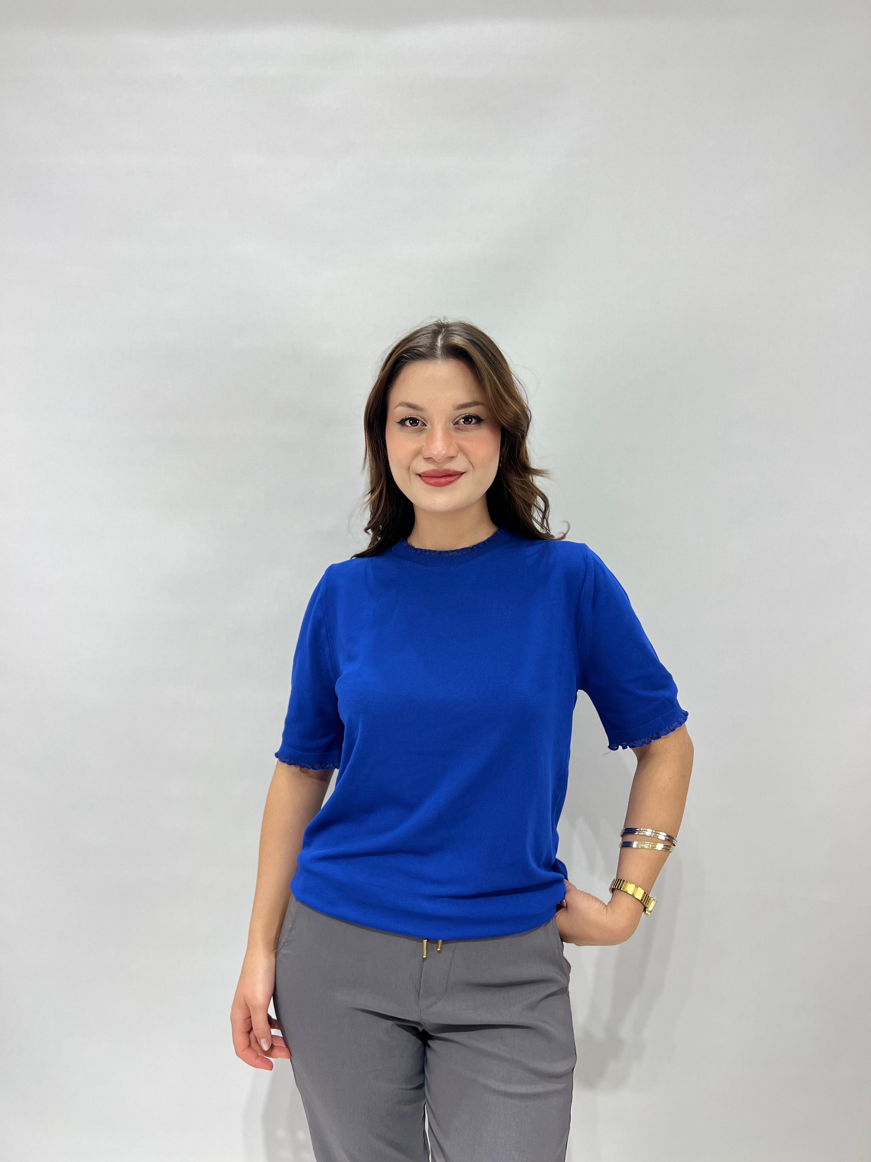 Saks Mavi Kolları Fırfır Detaylı Triko Bluz