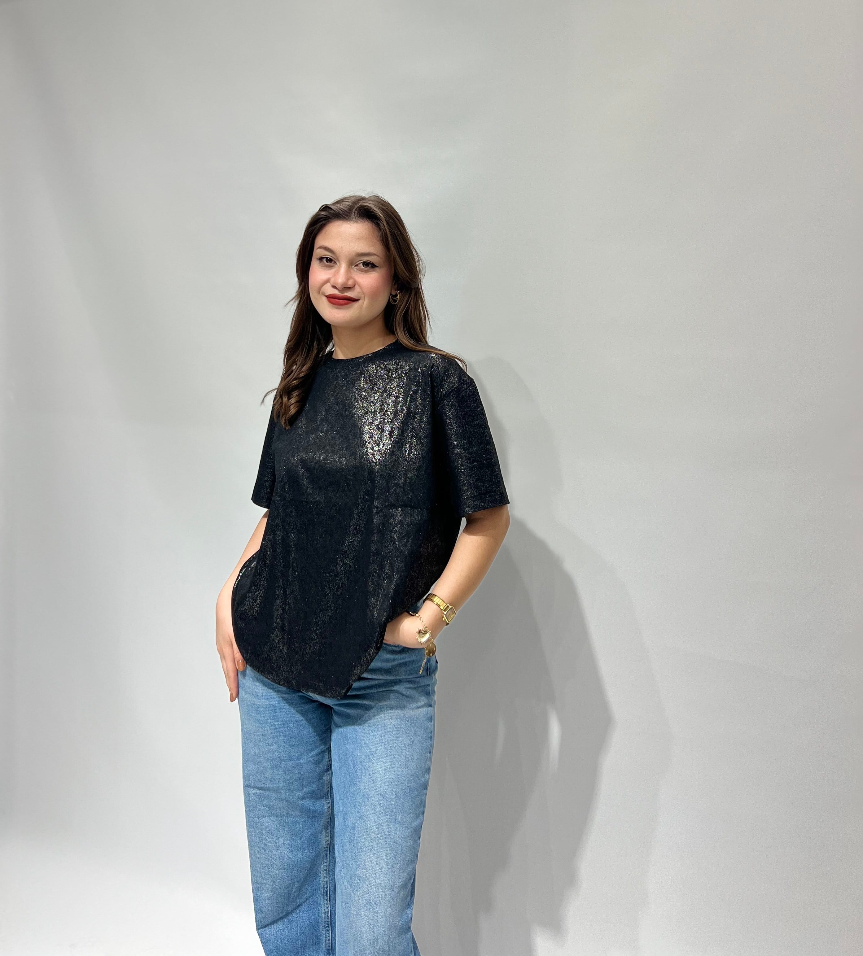 Siyah Leopar Detaylı Simli Tişört