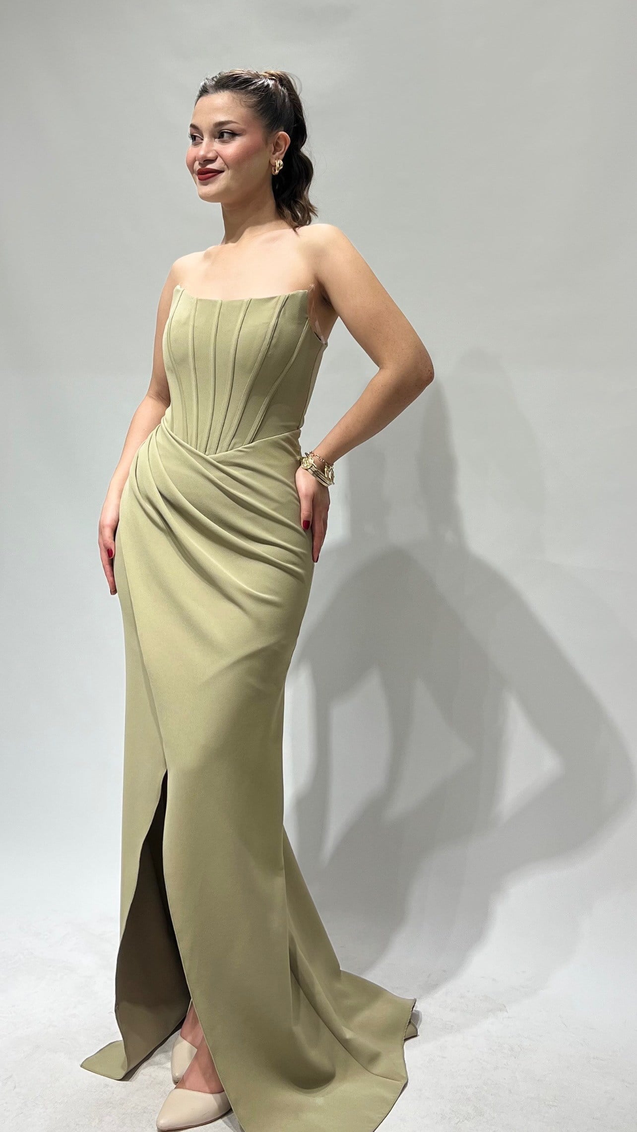 Soft Olive Korse Detaylı Uzun Abiye