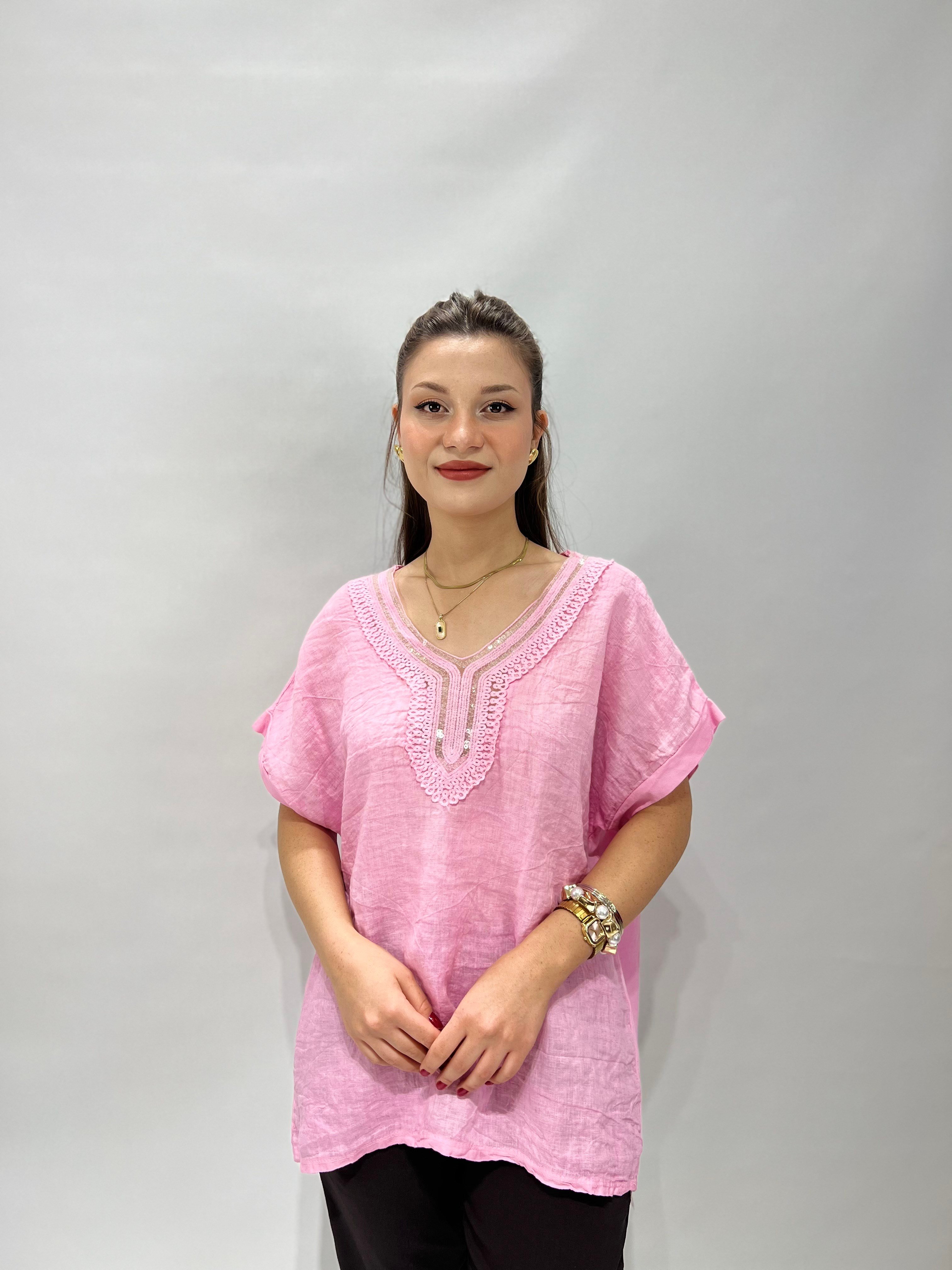 Yaka Nakışlı Keten Bluz PEMBE