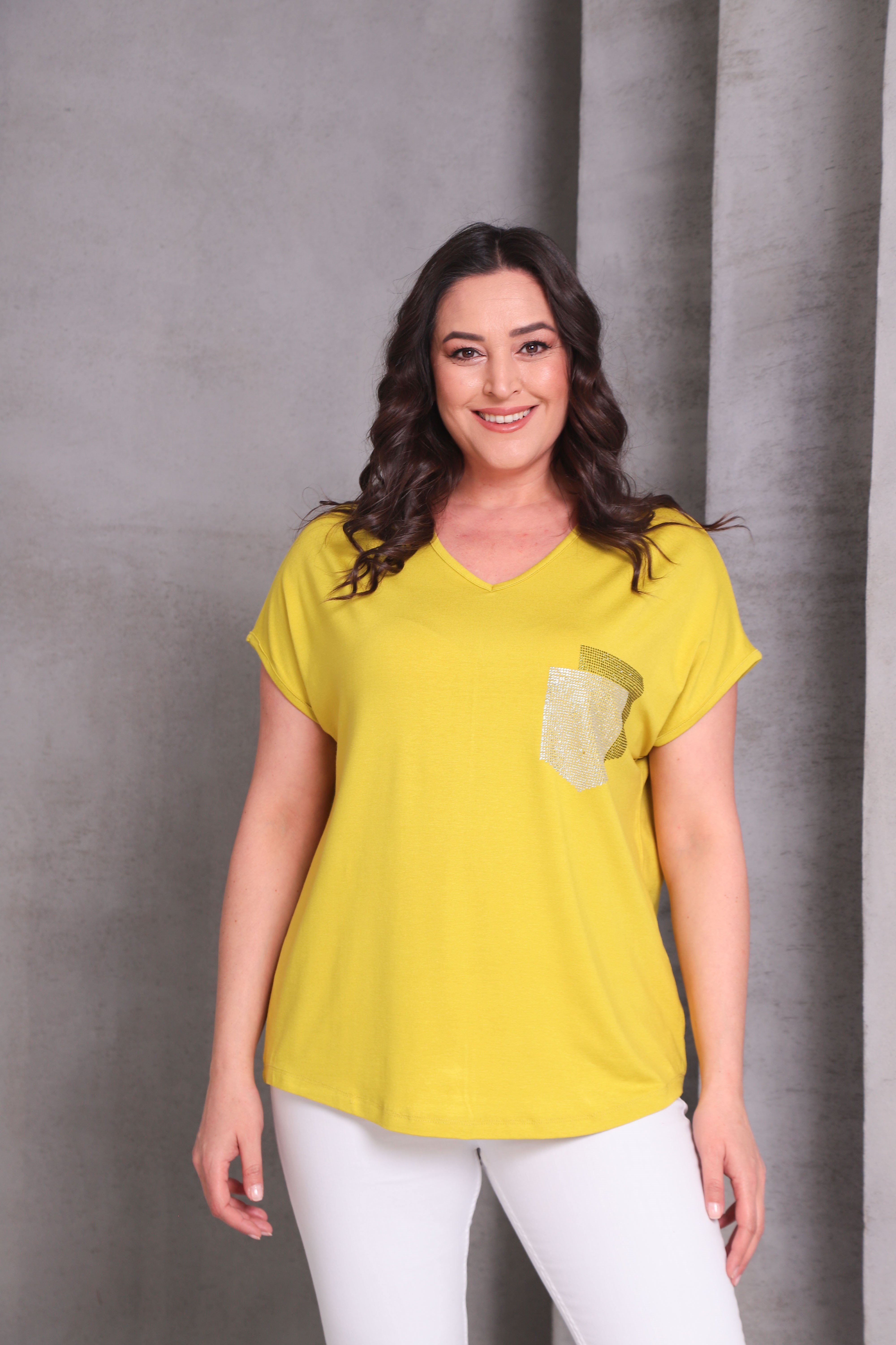 2417 Taşlı Cepli Bluz Hardal
