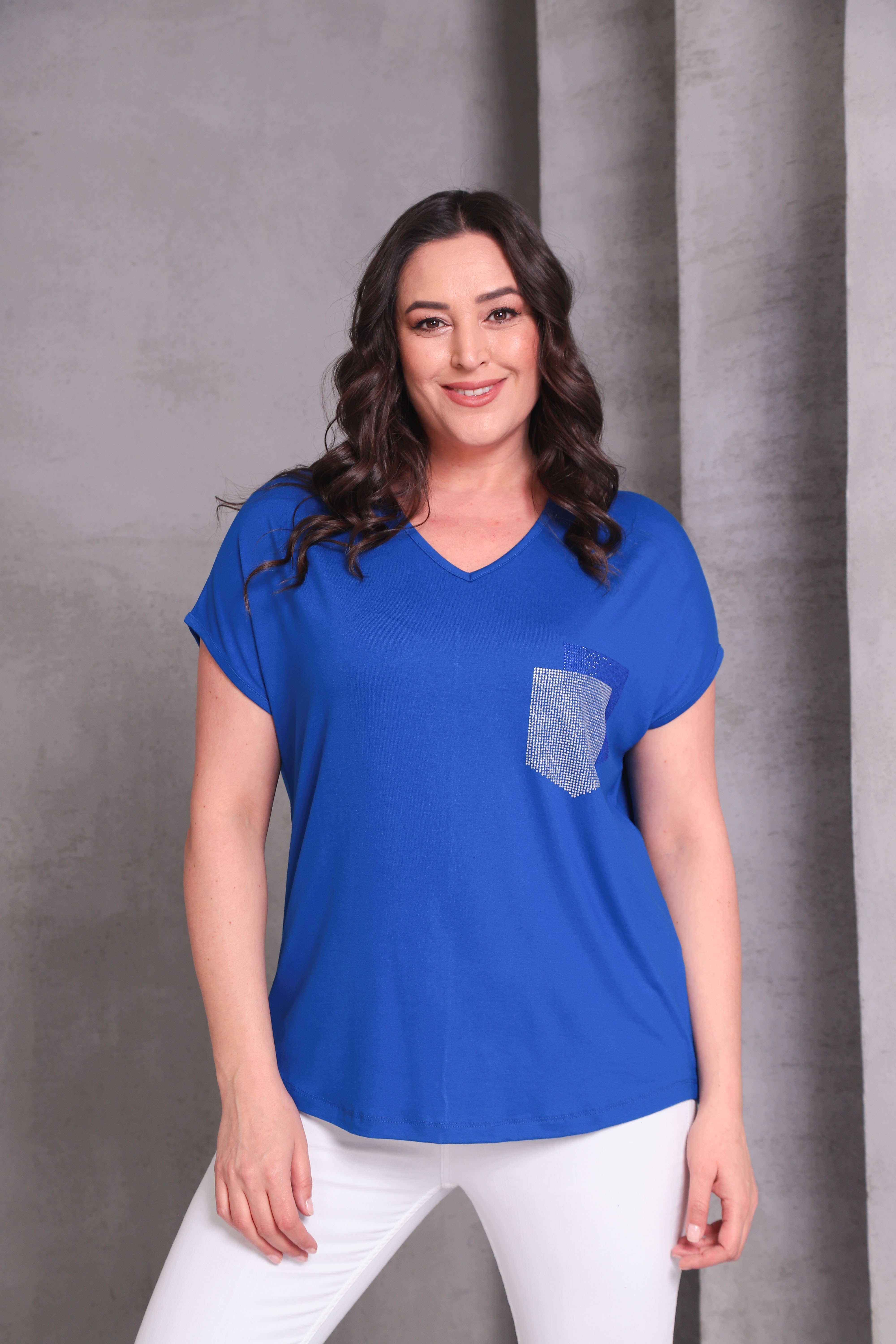 2417 Taşlı Cepli Bluz Lacivert