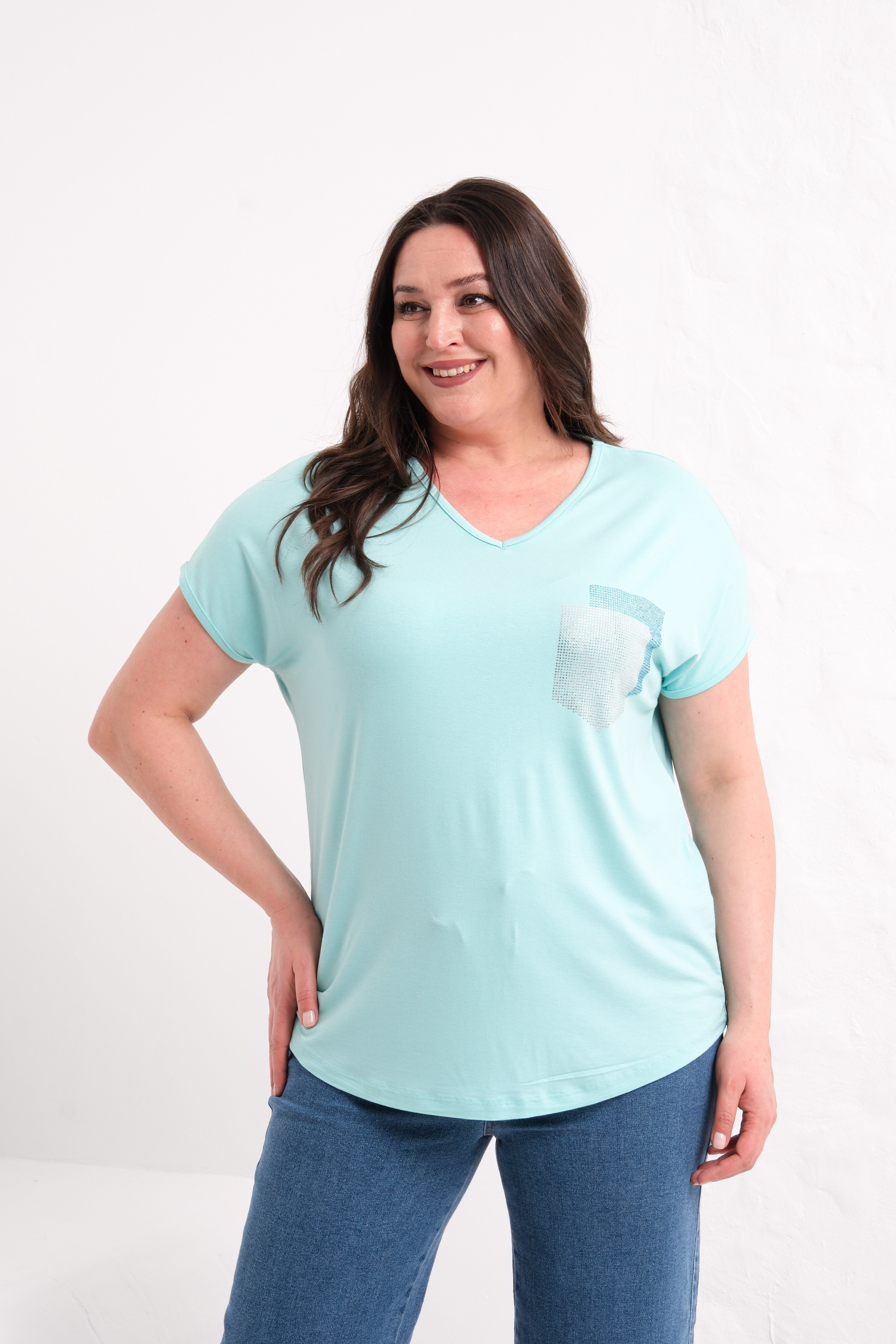 2417 Taşlı Cepli Bluz Mavi