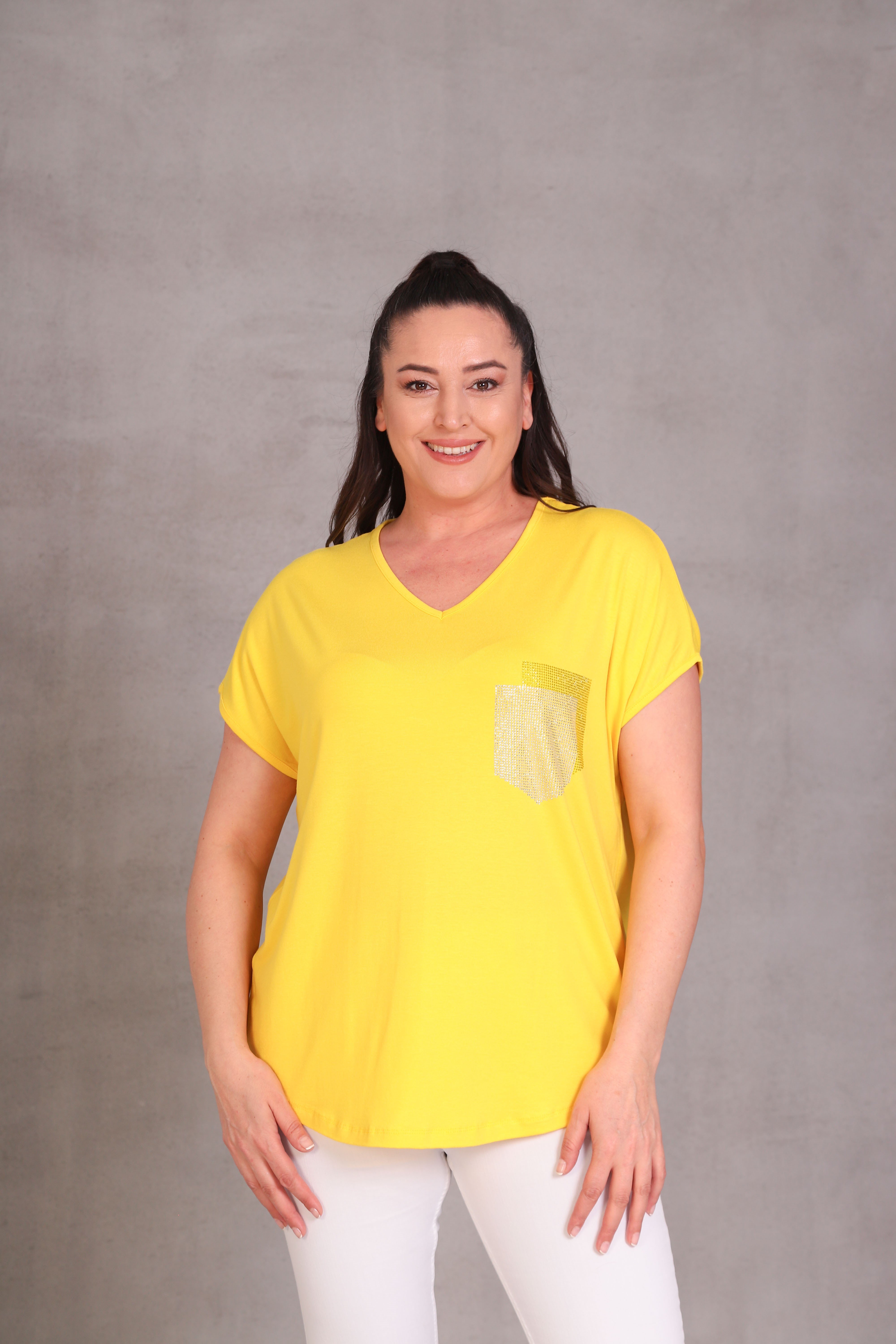 2417 Taşlı Cepli Bluz Sarı