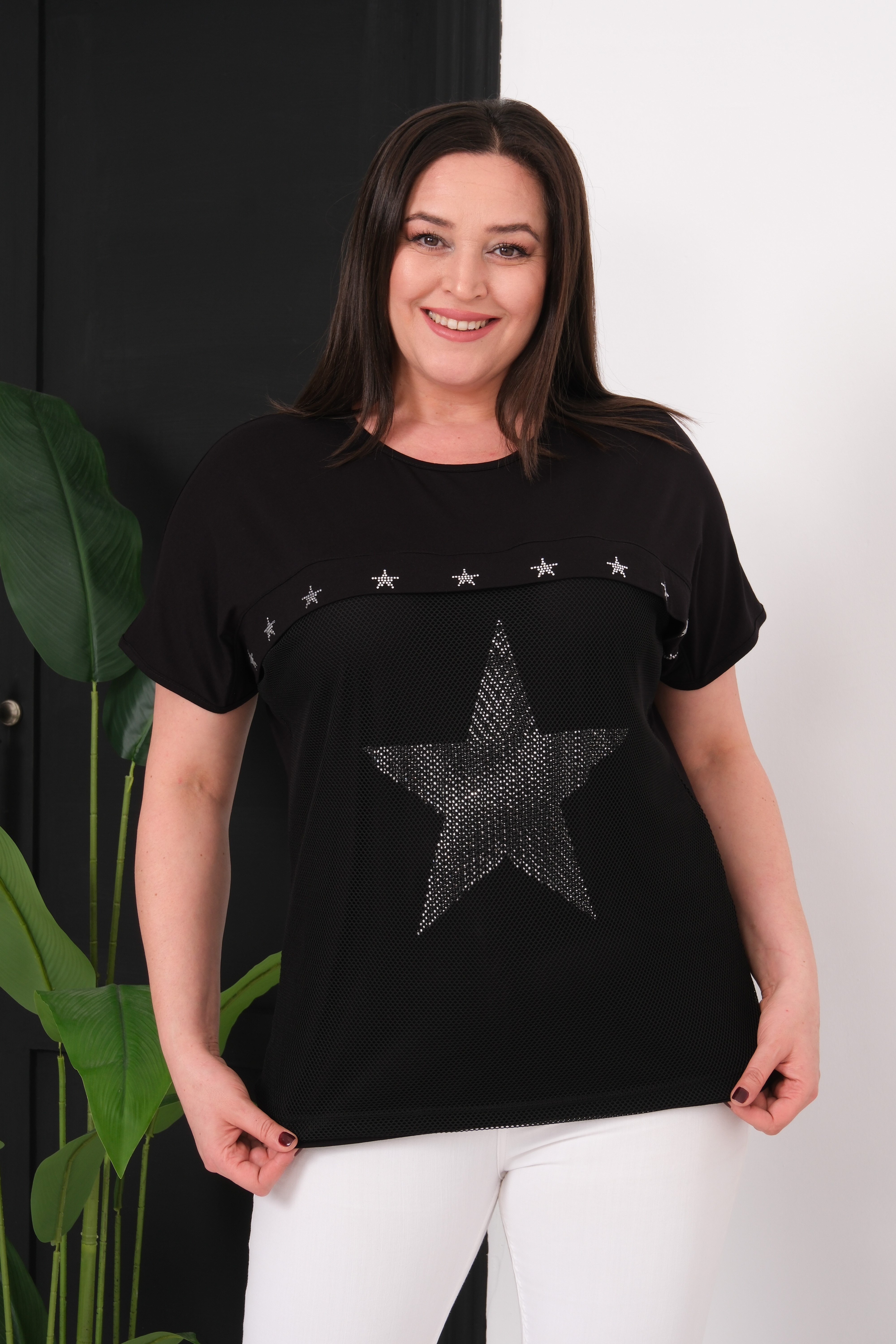 2496 Fileli Yıldız Taşlı Tshirt Siyah