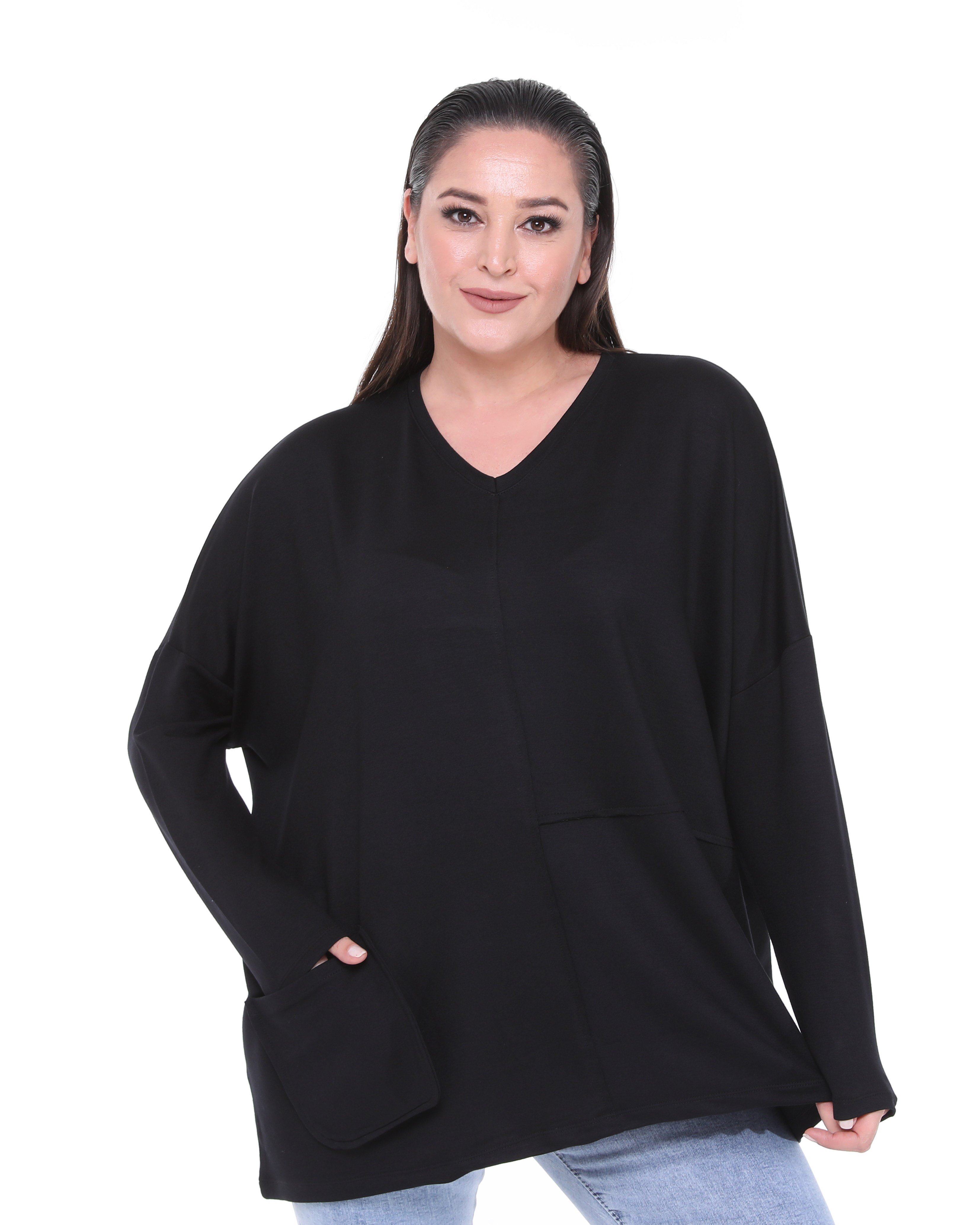 3630 V Yakalı Oversize Cepli Siyah Bluz 