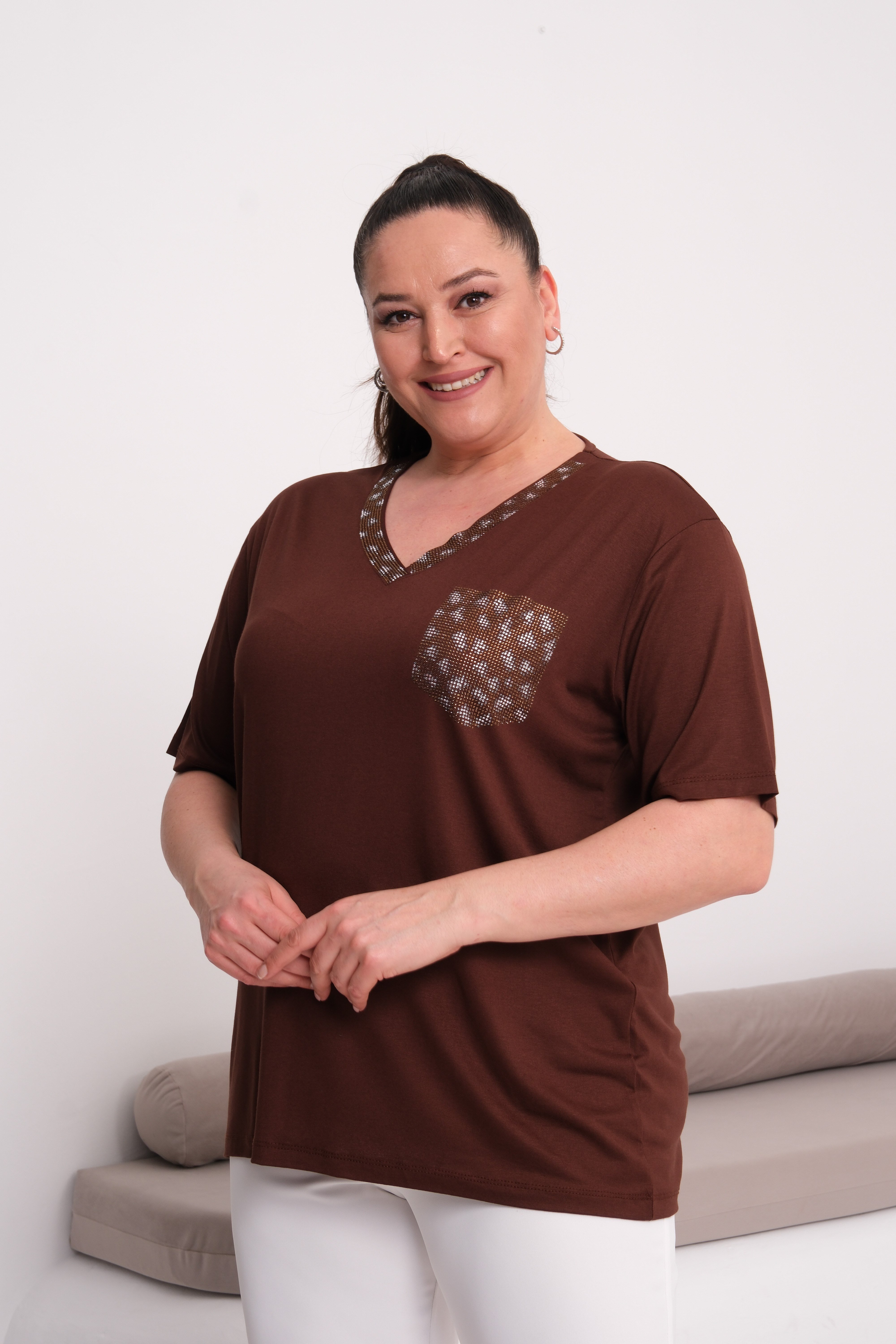 2519 Kahverengi Leopar Cep Ve Yaka Detaylı Bluz