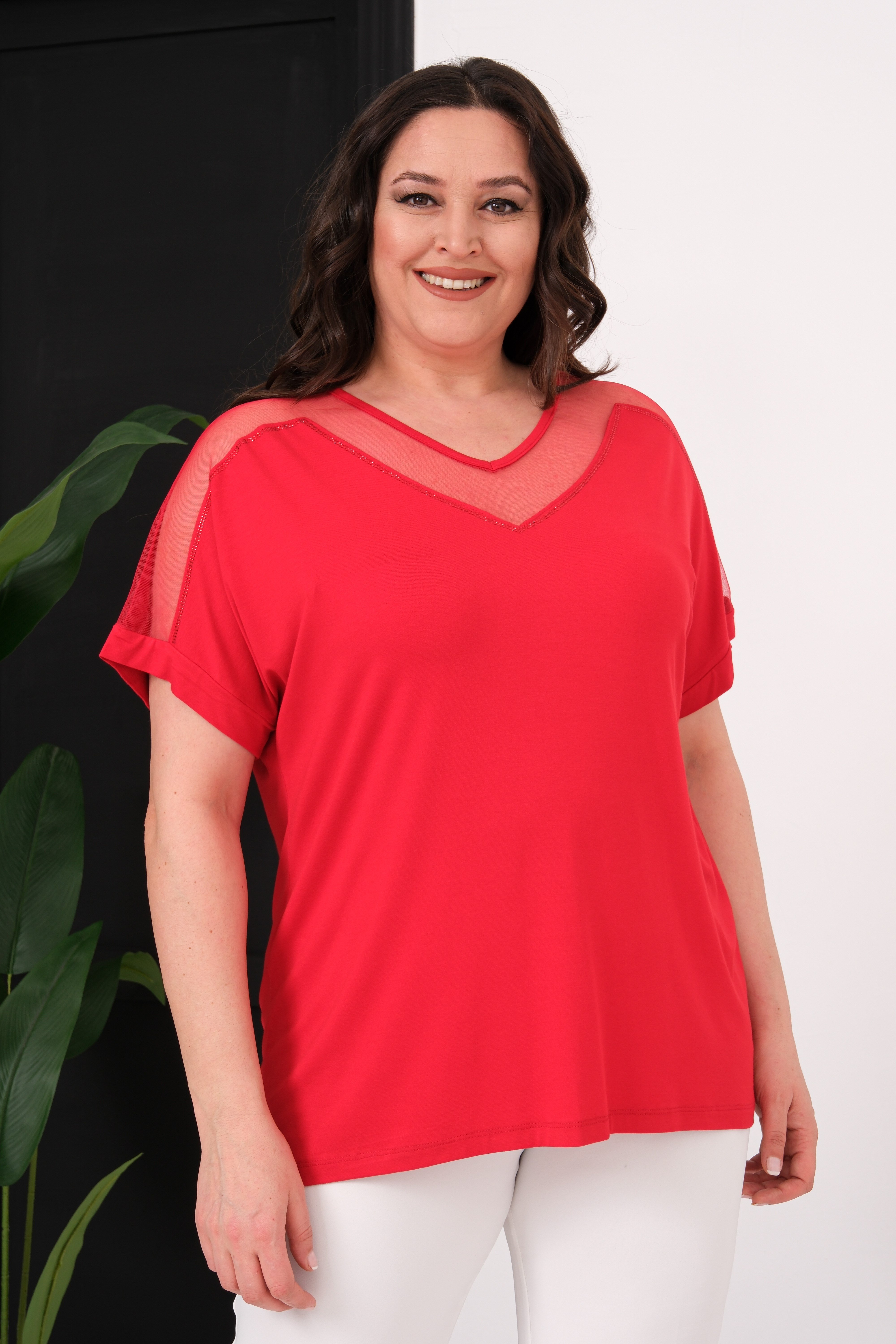 2534 V Yaka Transparan Bluz Kırmızı